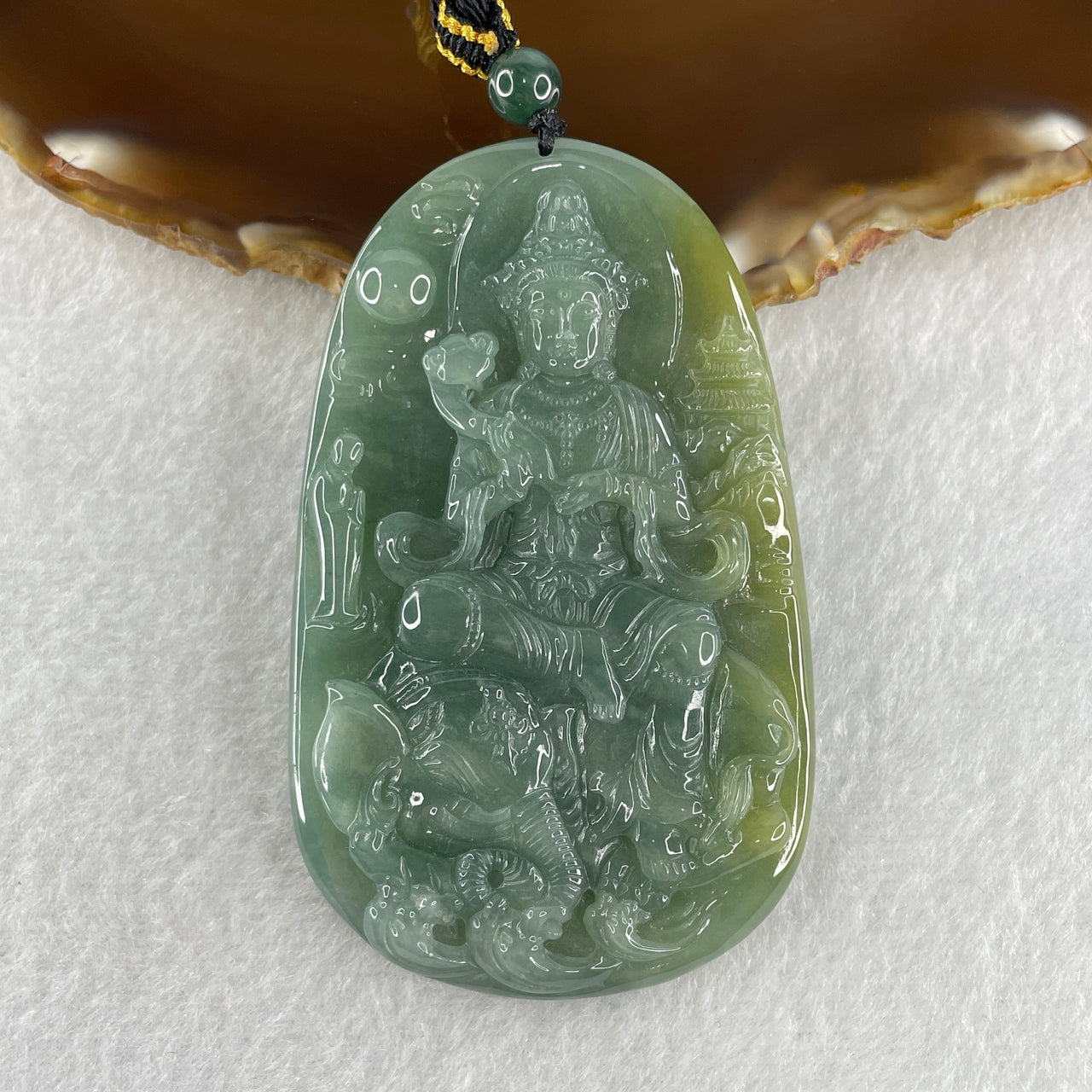 Natural Type A Blueish Green Jadeite Samantabhadra Bodhisattva Guan Yin on Elephant and Flower Pendant 70.59g 72.3 45.1 by 9.3mm