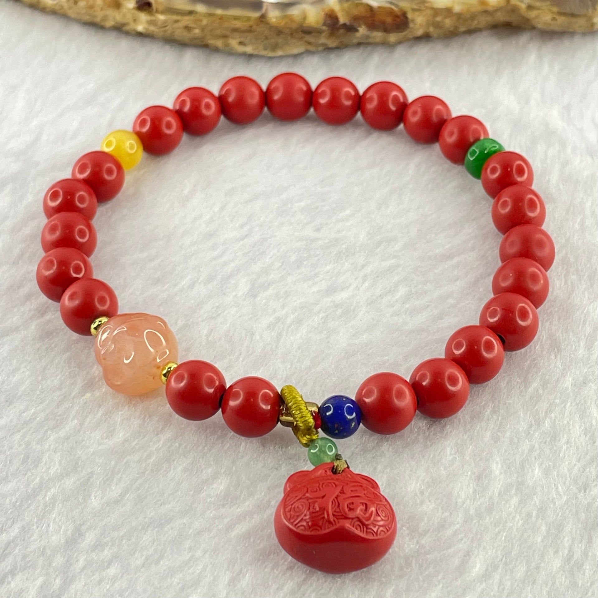 Natural Red Cinnabar Beads Bracelet with Fu Charm and Agate Skull 22.20g 16cm 13.2 by 13.3 by 8.4mm 7.2mm 21 Beads - Huangs Jadeite and Jewelry Pte Ltd