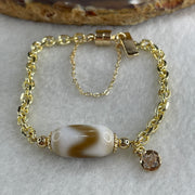 Natural Powerful Tibetan Old Oily Agate Tiger Tooth Daluo Dzi Bead with Stainless Steel Gold Color Bracelet 10.37g 16cm 19.1 by 10.1mm - Huangs Jadeite and Jewelry Pte Ltd