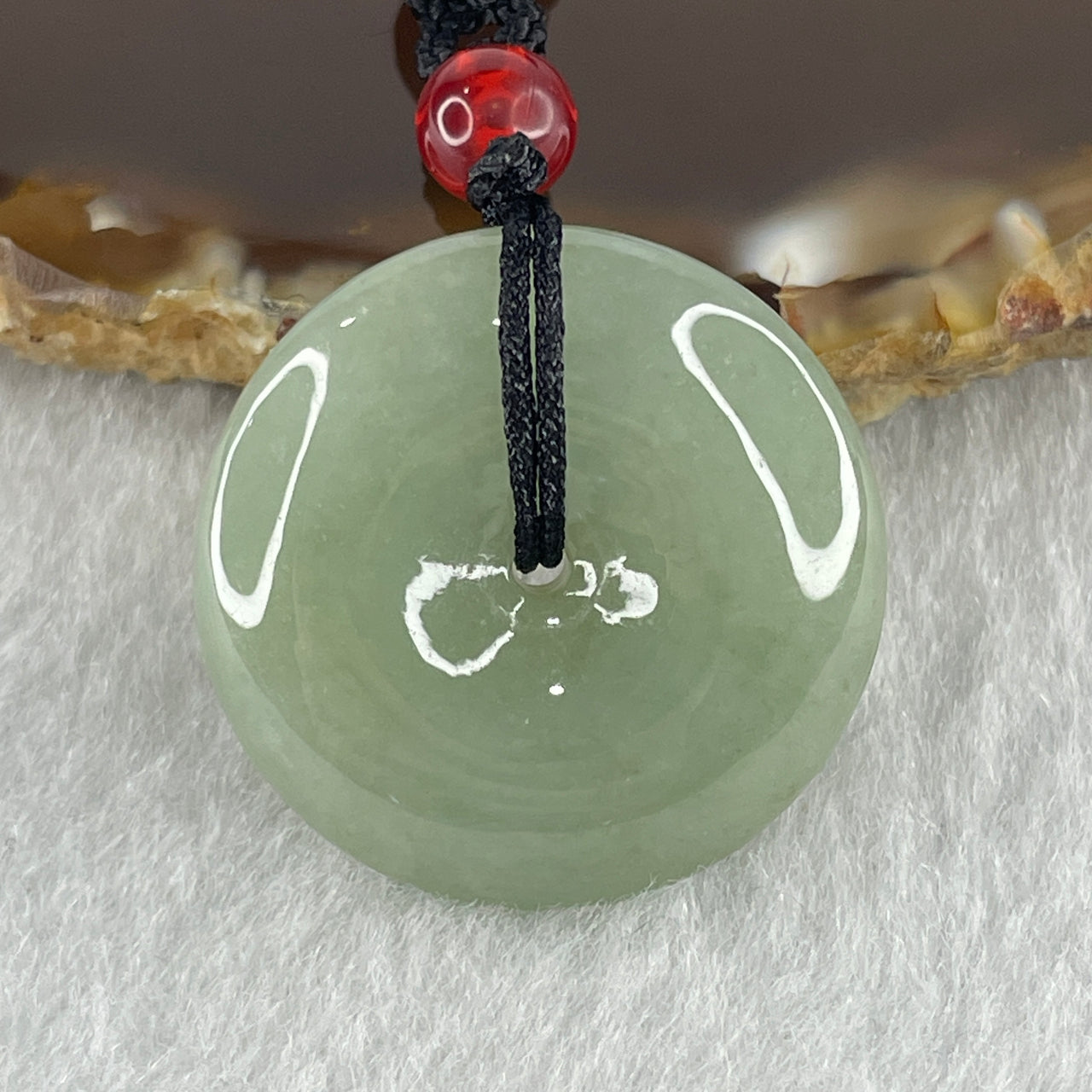 Natural Type A Green Jadeite Ping An Kou Donut Pendant in String Necklace 10.08g 25.3 by 6.9mm