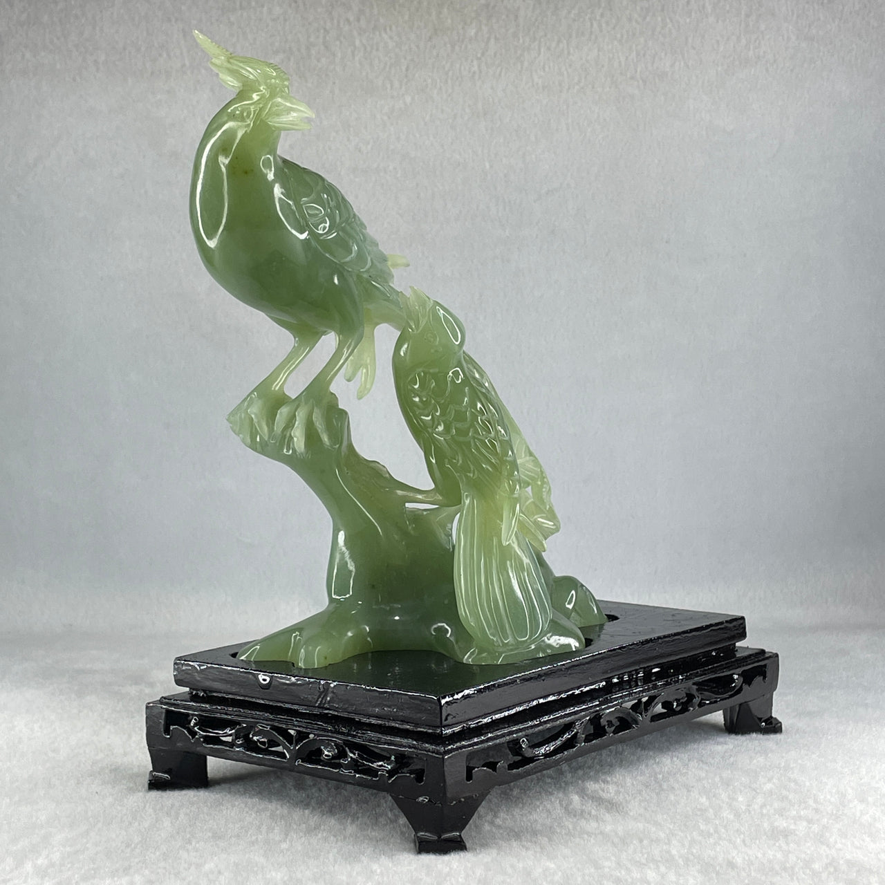 Natural Green Serpentine Double Phoenix on Tree with Wooden Stand Display 725.5g 169.0 by 210.0 by 112.0mm - Huangs Jadeite and Jewelry Pte Ltd