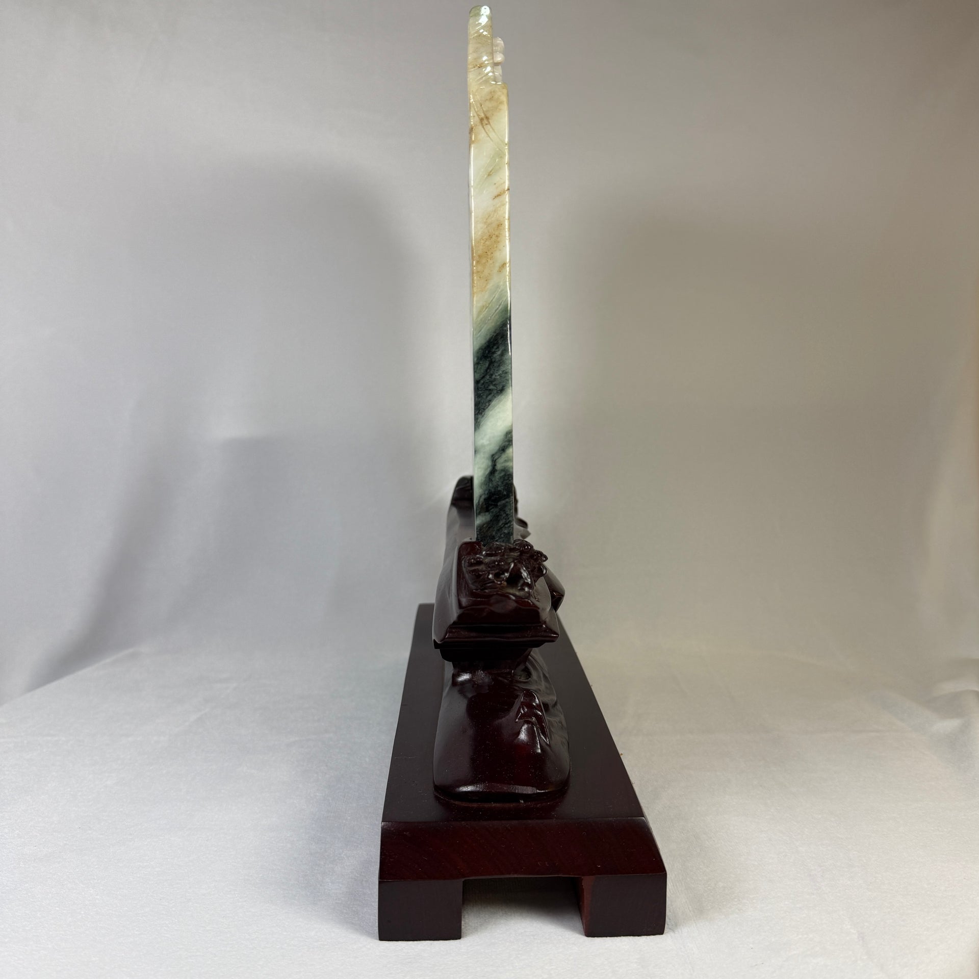 Natural Type A Light Green Light Lavender with Dark Green Patches Jadeite 8 Prosperity Horses with Wooden Stand Display 9,352.7g 275.0 by 100.0 by 360.0mm - Huangs Jadeite and Jewelry Pte Ltd