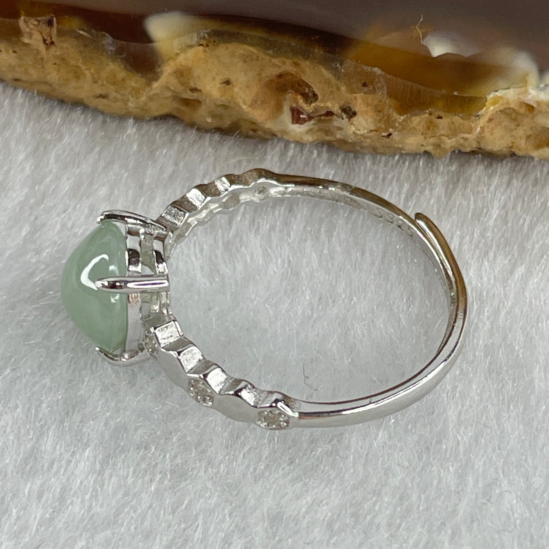 Natural Type A Semi Icy Faint Green Jadeite Round Shape Cabouchon with Cubic Zirconia in S925 Silver Ring (Adjustable Size) 1.44g 7.9 by 4.5mm - Huangs Jadeite and Jewelry Pte Ltd