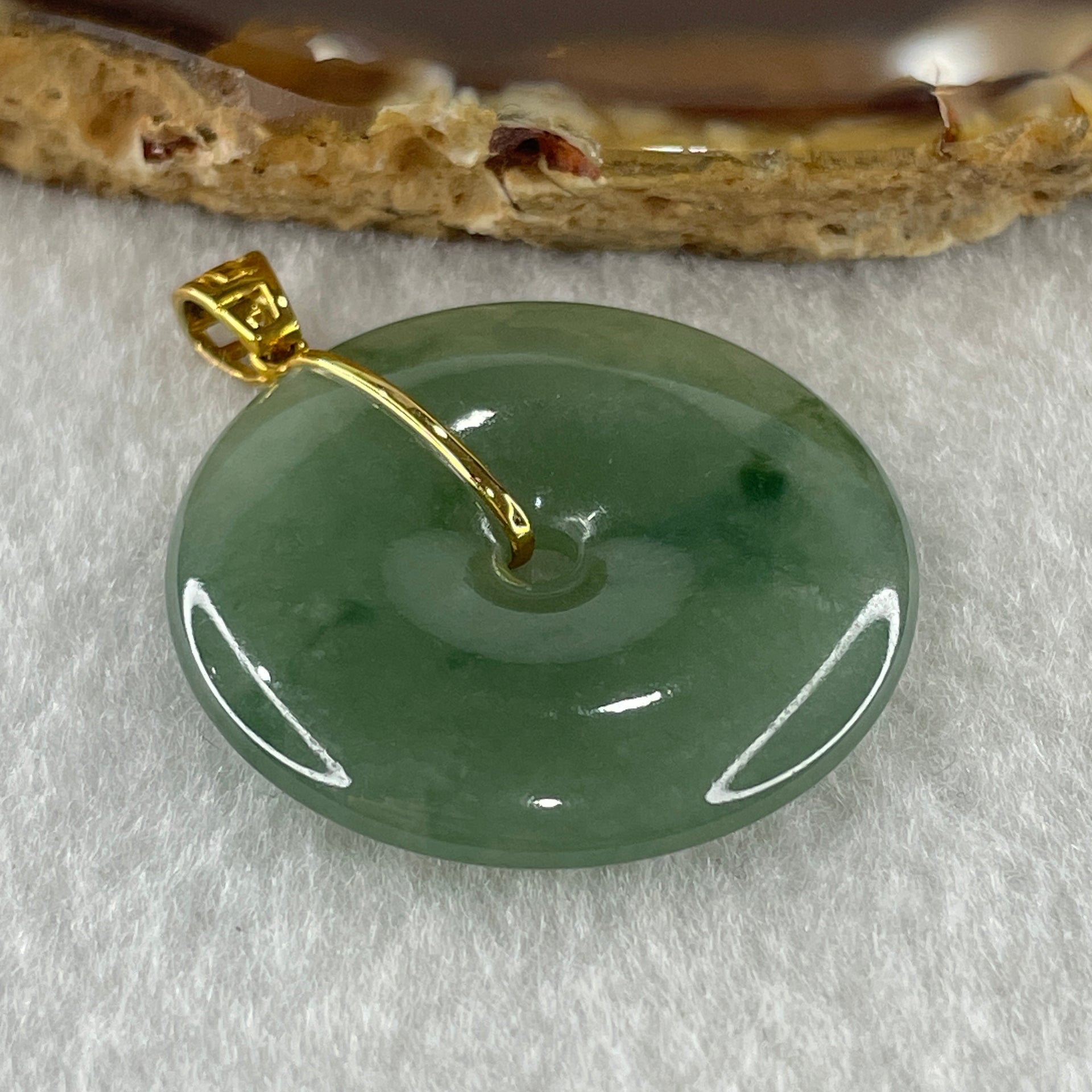 Type A Natural Semi Icy Green with Green Piao Hua Jadeite Ping An Kou Pendant with 18K Yellow Gold Clap 10.67g 30.5 by 5.2mm - Huangs Jadeite and Jewelry Pte Ltd