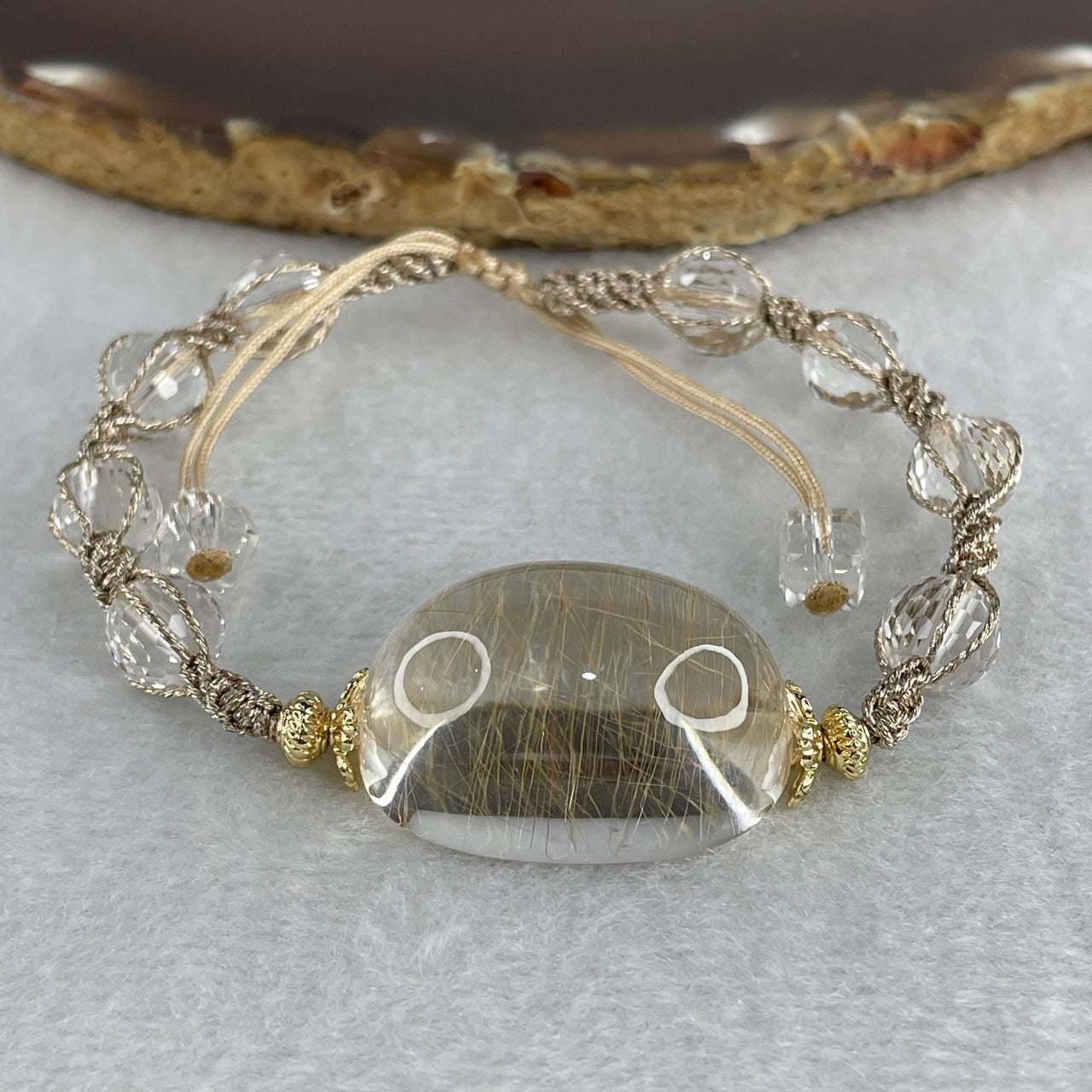 Natural Golden Rutilated Quartz Round Shape with Man Made Beads String Bracelet 18.67g 16.5-20cm 28.5 by 19.1 by 13.8mm 1 Bead - 8.0mm 8 Beads