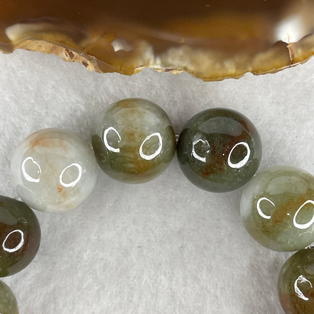 Certified Natural Type A Green & Brownish Red Jadeite Beads Bracelet | 13.5cm with 17.2 x 4.3mm 2 "Ping An Kou" Donuts (57.73g | 12 Beads 13.5mm | Wood-Fire Harmony, Infinite Wealth & Sovereign Protection)