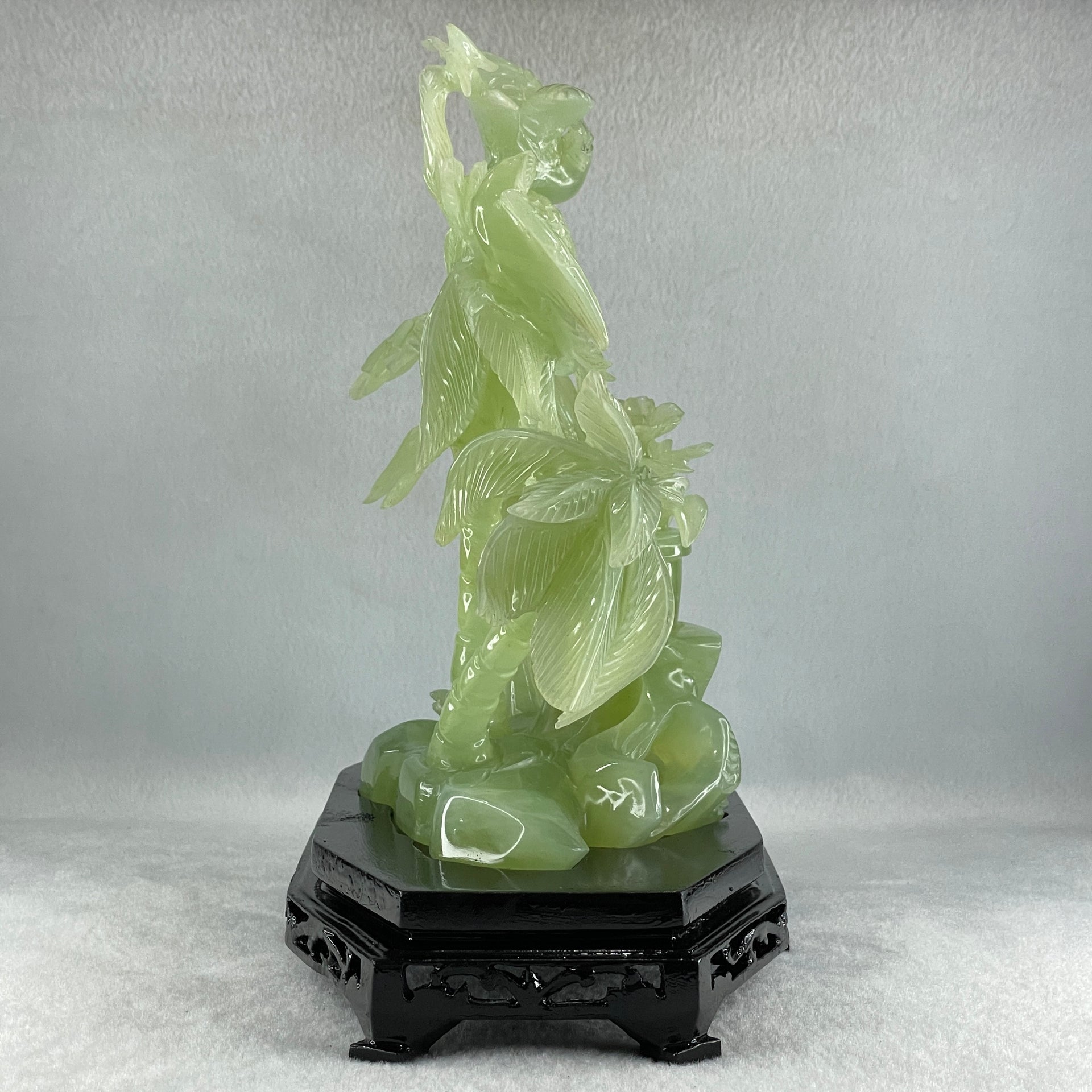 Natural Green Serpentine Double Phoenix with Bamboo Treen and Flower with Wooden Stand Display 1,096.7g 220.0 by 130.0 by 220.0mm - Huangs Jadeite and Jewelry Pte Ltd