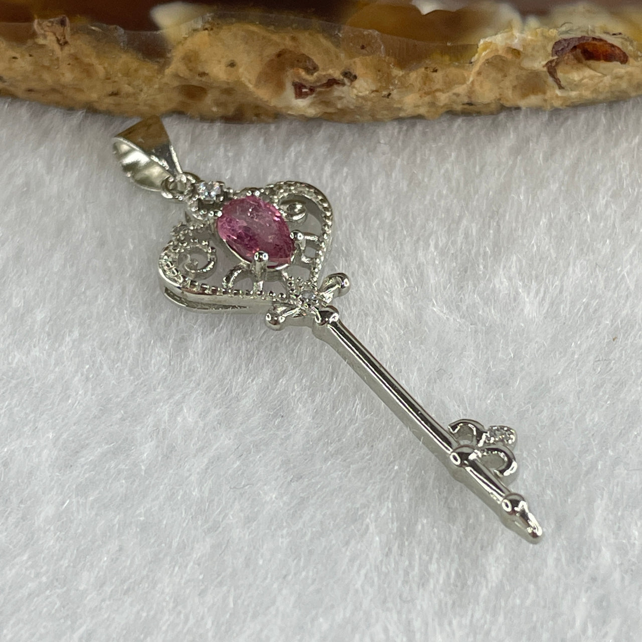 Natural Tourmaline Crystal Key with Charm Pendant in S925 Sliver 1.38g 5.2 by 3.8 by 2.0mm - Huangs Jadeite and Jewelry Pte Ltd