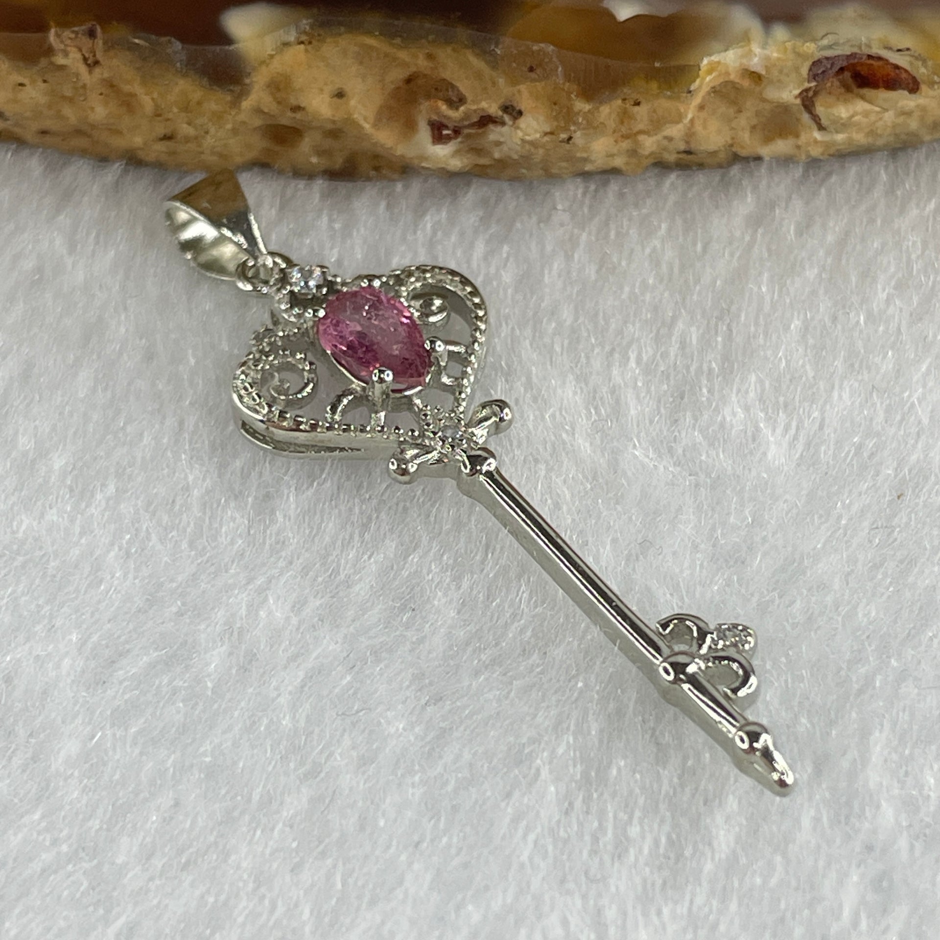 Natural Tourmaline Crystal Key with Charm Pendant in S925 Sliver 1.38g 5.2 by 3.8 by 2.0mm - Huangs Jadeite and Jewelry Pte Ltd