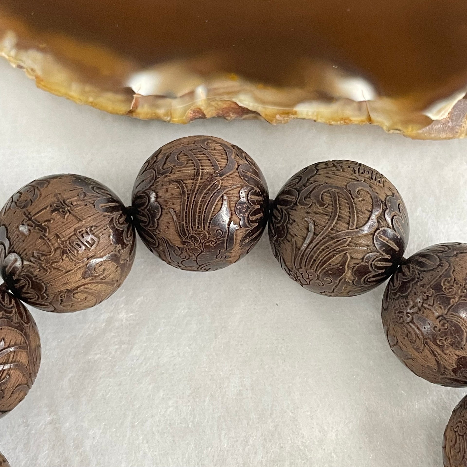 Natural Rosewood with Prosperity Flowers and Birds Beads Bracelet 64.48g 18cm 20.1mm 12 Beads - Huangs Jadeite and Jewelry Pte Ltd