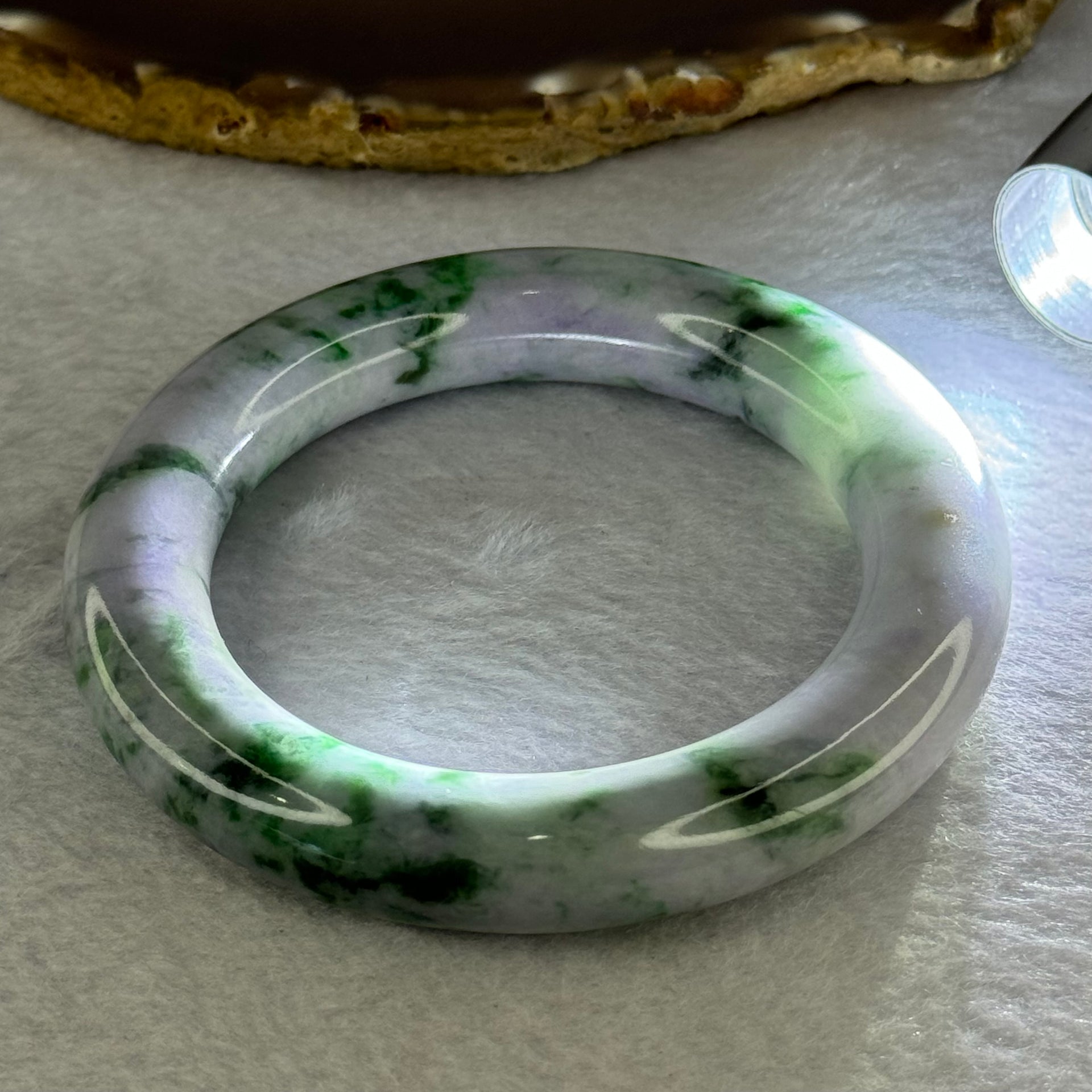 Type A Lavender with Spicy Green Piao Hua Jadeite Bangle Internal Diameter 58.8mm 99.19g 12.7 by 13.3mm (Slight Internal Line) - Huangs Jadeite and Jewelry Pte Ltd