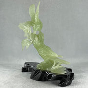 Natural Green Serpentine Twin Magpie Birds on Tree with Wooden Stand Display 453.4g 230.0 by 196.0 by 79.0mm - Huangs Jadeite and Jewelry Pte Ltd