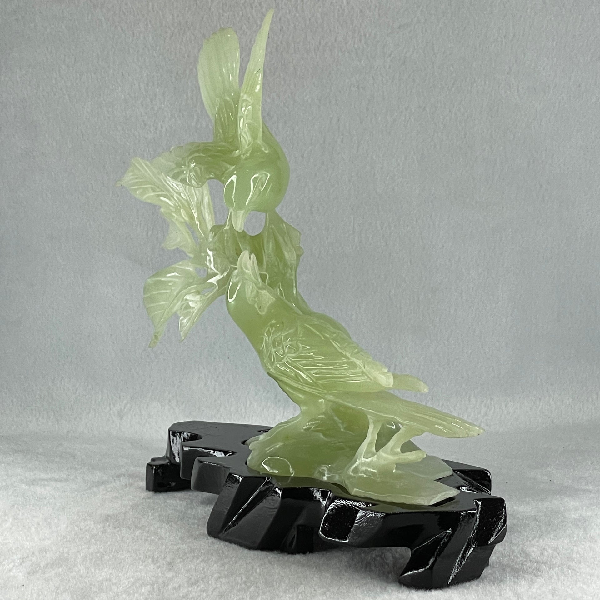 Natural Green Serpentine Twin Magpie Birds on Tree with Wooden Stand Display 453.4g 230.0 by 196.0 by 79.0mm - Huangs Jadeite and Jewelry Pte Ltd