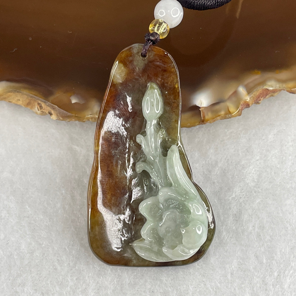Natural Type A Light Green with Brownish Jadeite Lotus Flower Pendant | Spiritual Rebirth & Earth Grounding (14.29g | 45.0x26.0x11.2mm)