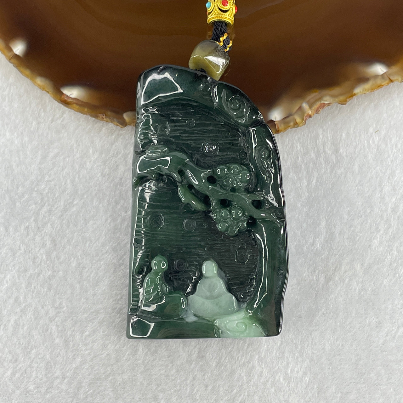 Natural Type A Dark and Light Blueish Green with Dark Brown Jadeite Seeking Enlightenment Pendant 93.08g 73.8 by 45.7 by 18.5mm