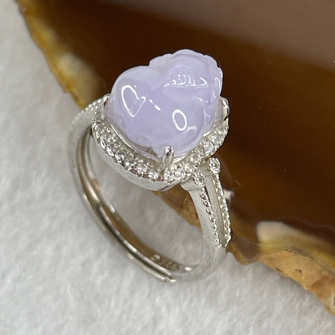 Certified Natural Type A Lavender Jadeite Pixiu with Cubic Zirconia in S925 Silver Ring (Adjustable Size) 3.352g 11.0 by 8.6 by 6.5mm