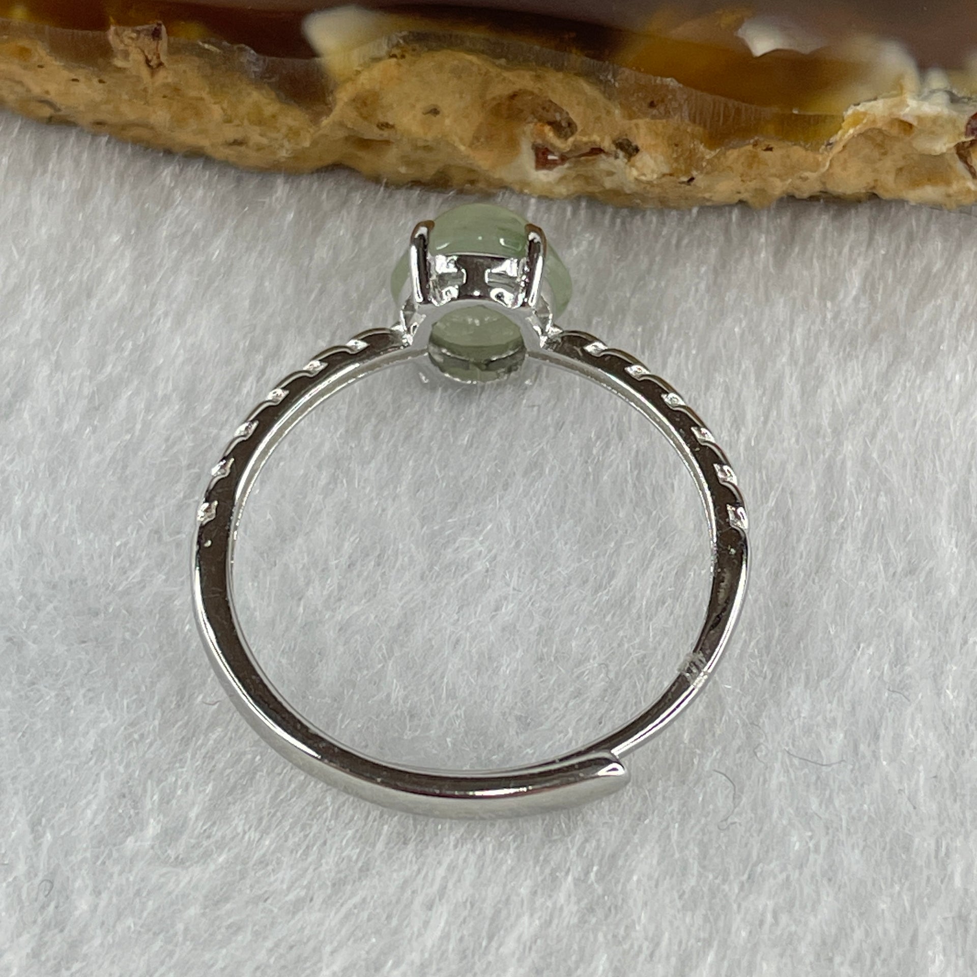 Natural Type A Semi Icy Faint Green Jadeite Oval Shape Cabouchon in S925 Silver Ring (Adjustable Size) 1.57g 7.7 by 6.9 by 5.0mm - Huangs Jadeite and Jewelry Pte Ltd