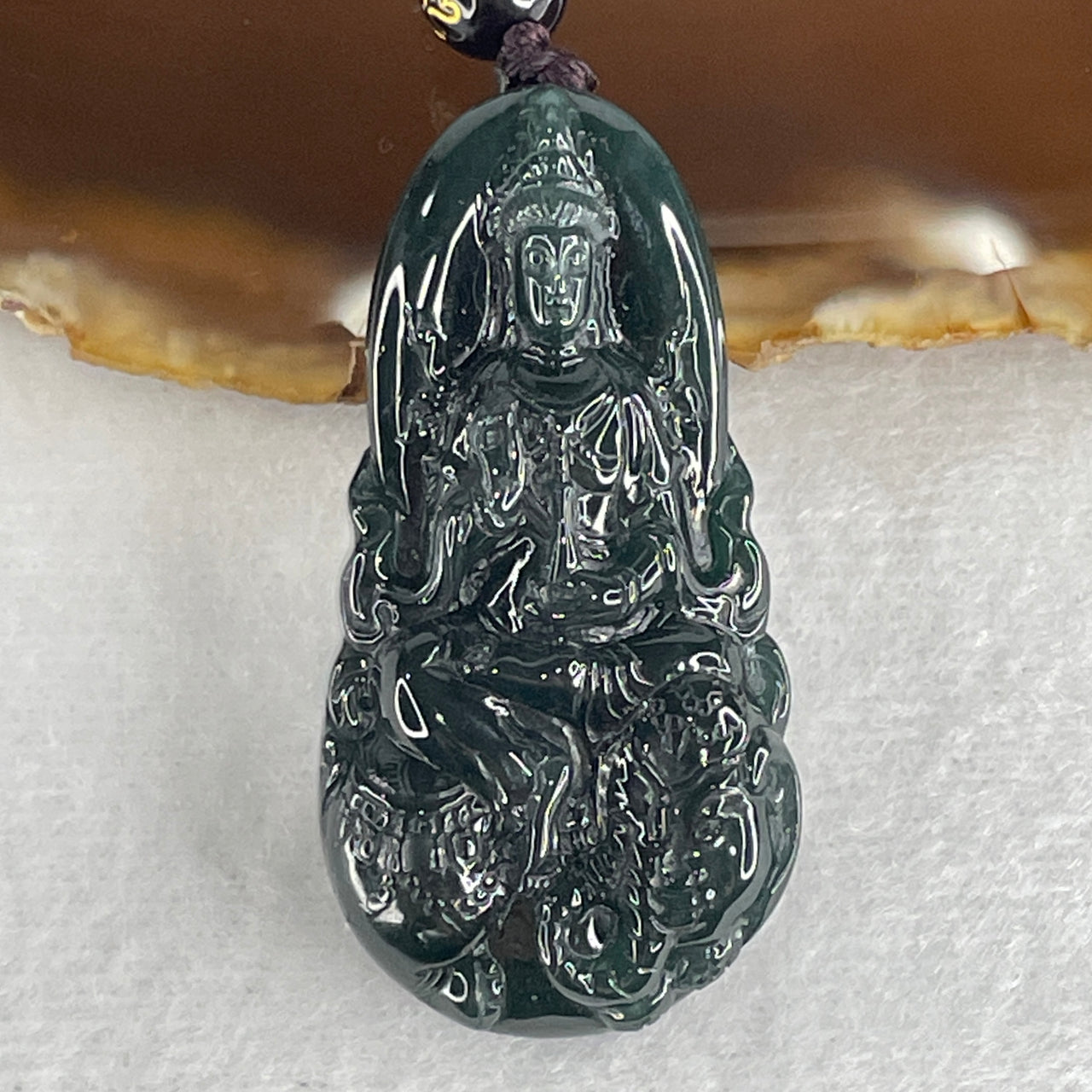 Certified Natural Type A Dark Blueish Green Jadeite Samantabhadra Bodhisattva Guan Yin on Elephant and Lotus Flower Pendant56.47g 49.1 by 24.5 by 12.0mm