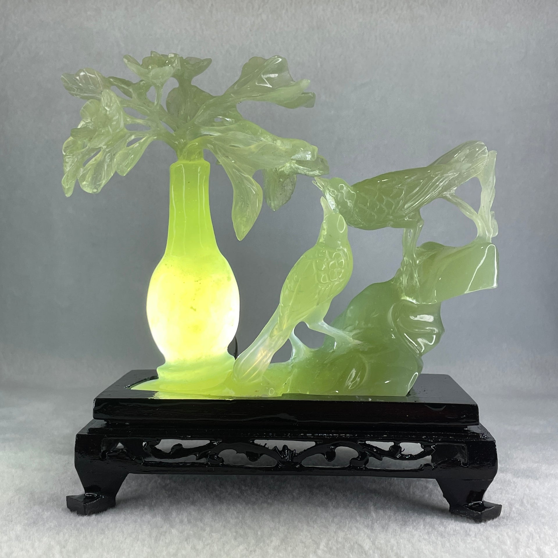Natural Green Serpentine Double Magpies Birds on Mountain with Flower on Vase with Wooden Stand Display 553.8g 180.0 by 95.0 by 170.0mm - Huangs Jadeite and Jewelry Pte Ltd