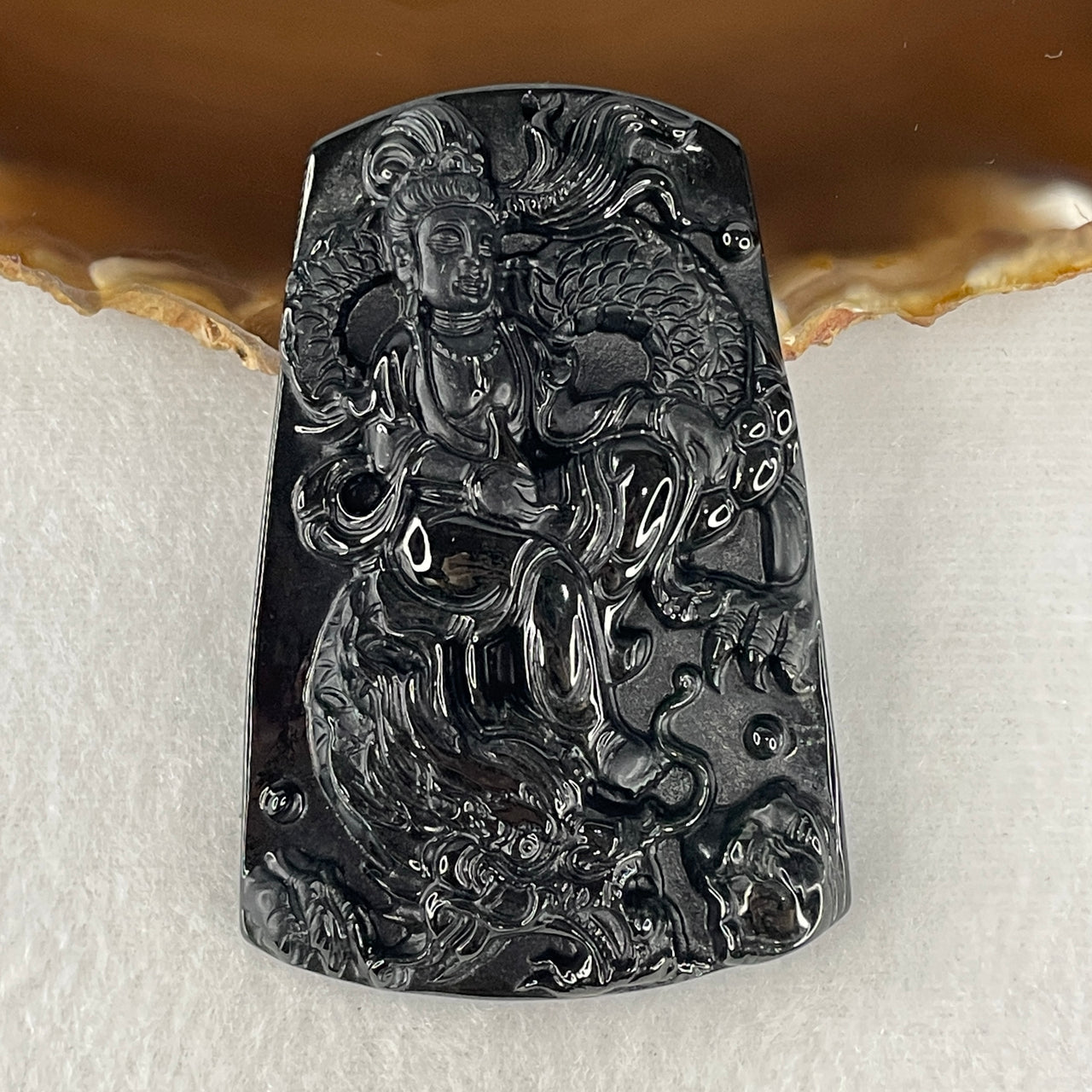 Certified Type A Opaque Black Omphacite Jadeite Guan Yin on Dragon Pendant | Infinite Compassion & Celestial Power Talisman (44.97g | 67.1 x 44.7 x 9.4mm)