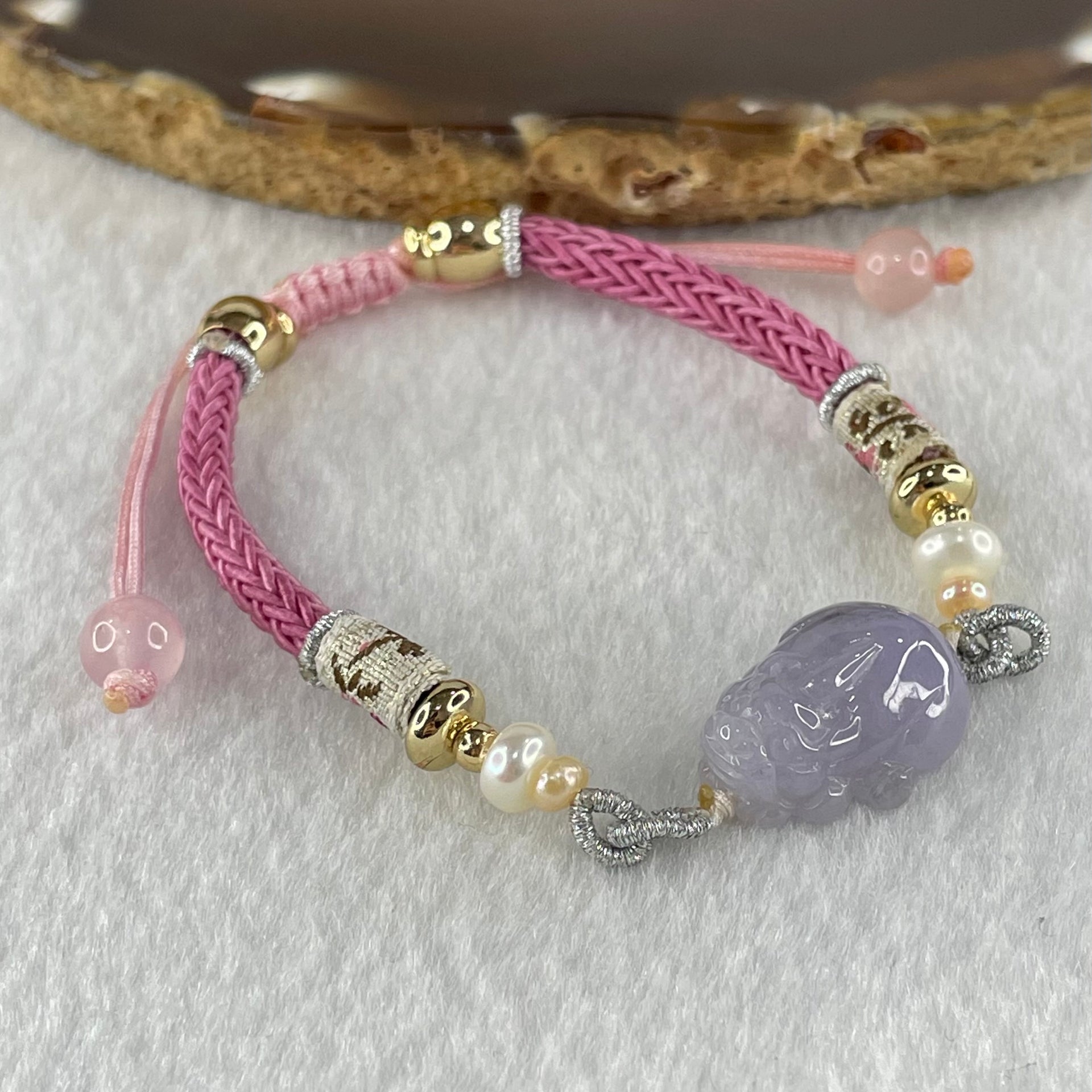 Type A Lavender Jadeite Male Pixiu Charm in String Bracelet 7.02g 17.2 by 12.4 by 7.5mm - Huangs Jadeite and Jewelry Pte Ltd