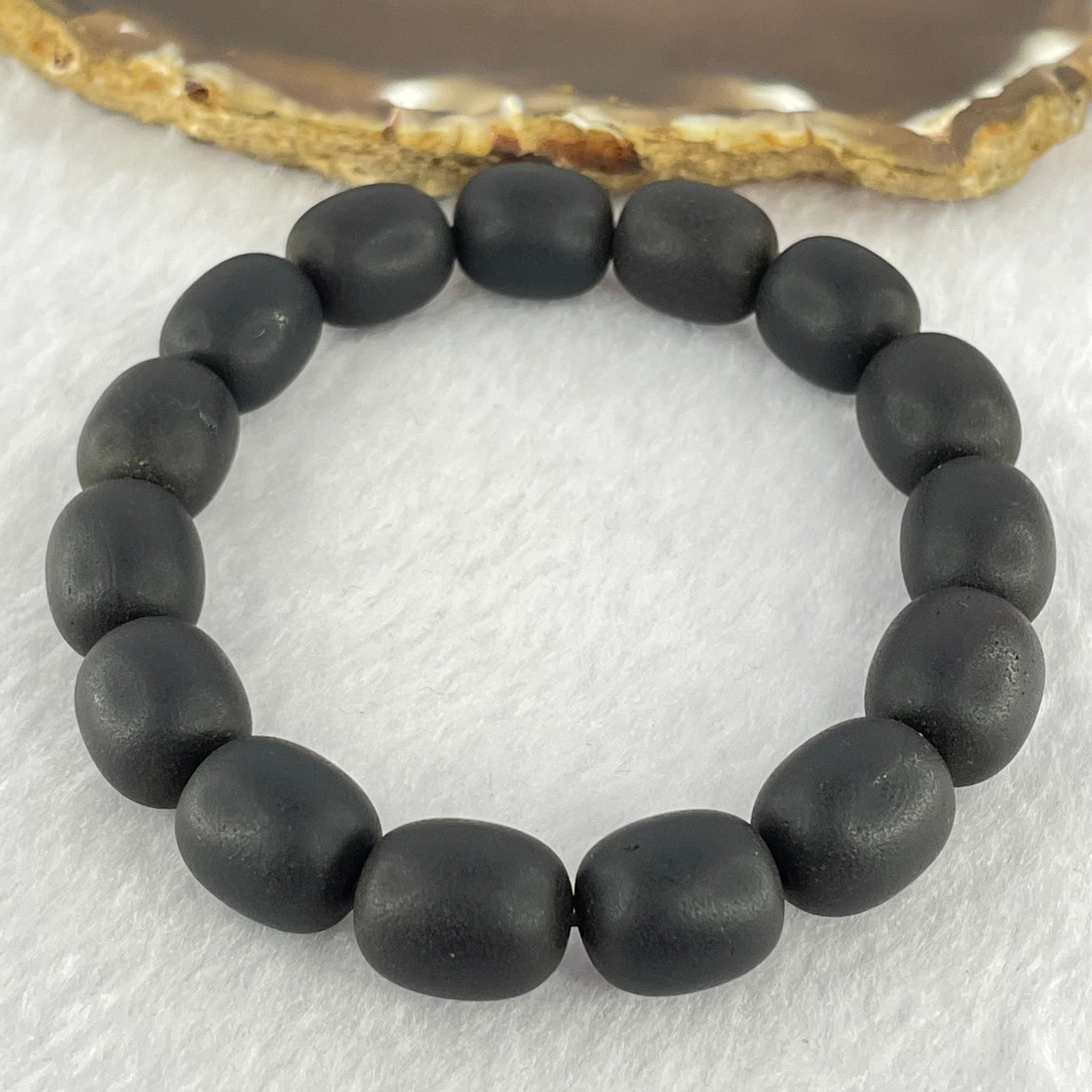 Natural Dark Matt Black Amber Beads Bracelet 天然大黑天翁琥珀手链 16.96g 18cm 11.7mm 15 Beads - Huangs Jadeite and Jewelry Pte Ltd