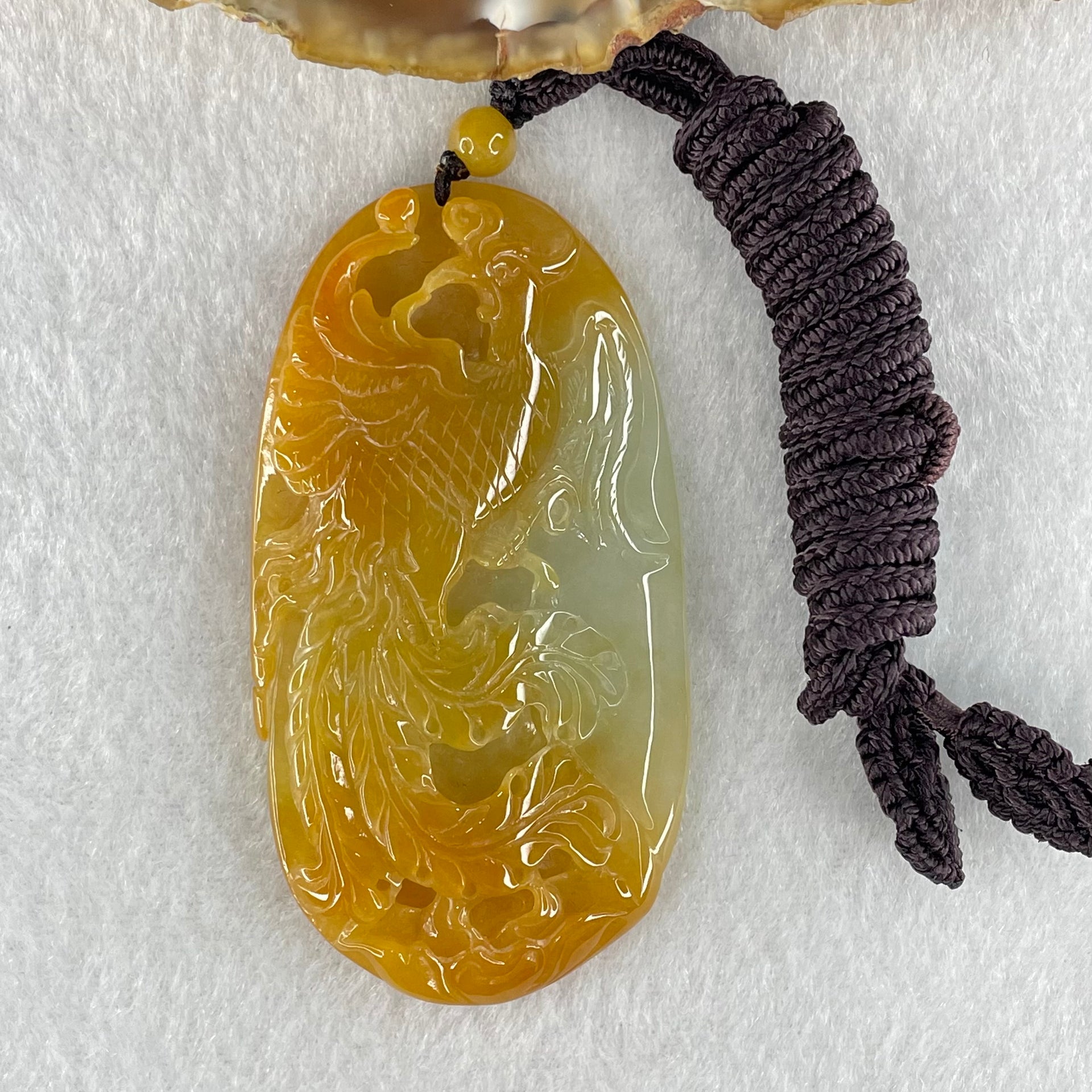 Grandmaster Type A Reddish Brown with Faint Lavender Green Jadeite Phoenix 凤戏牡丹 Pendant 41.26g 64.96 by 35.02 by 9.52mm With NGI Cert 82838779 - Huangs Jadeite and Jewelry Pte Ltd