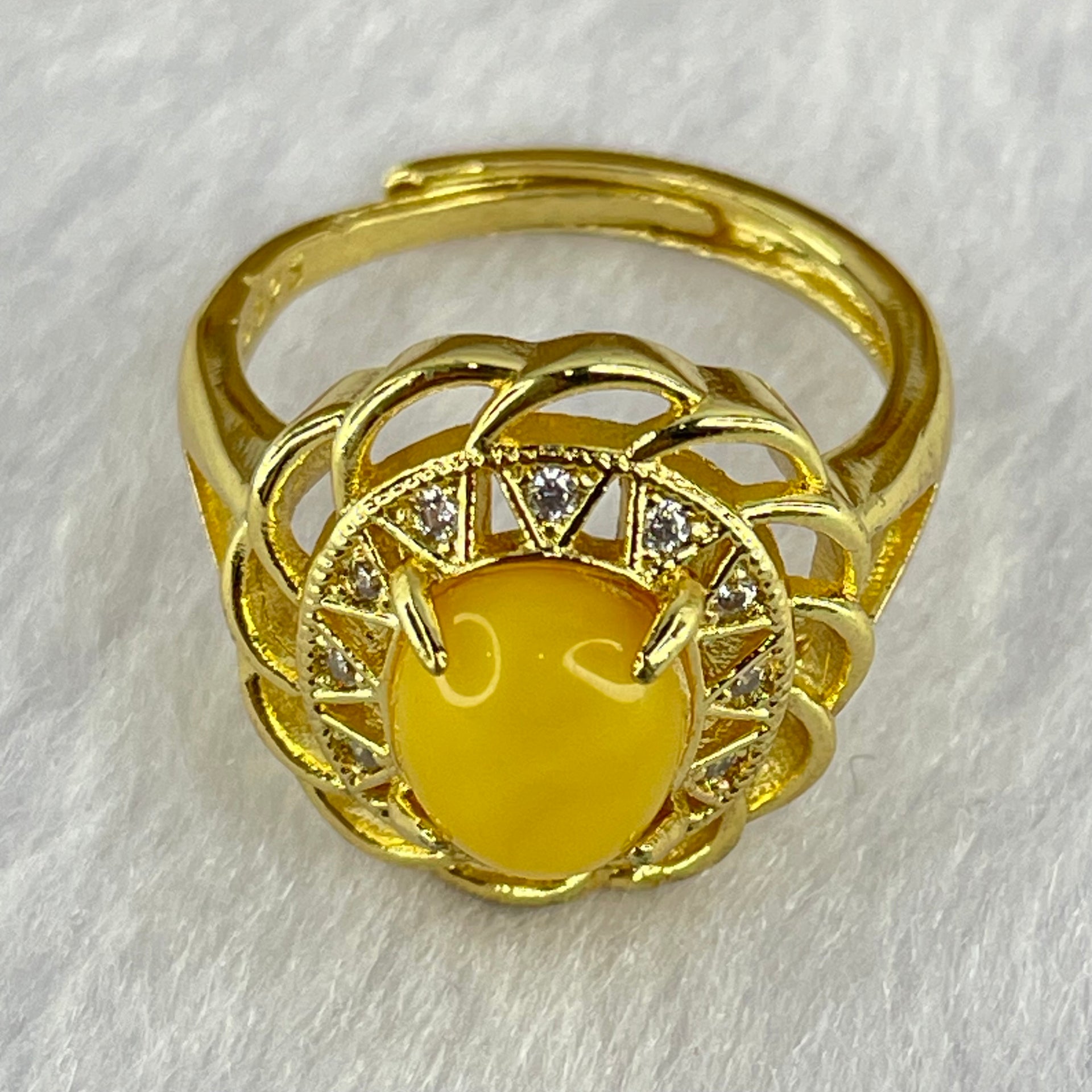 Natural Butterscotch Amber With Crystals in S925 Sliver Gold Color Ring (Adjustable Size) 3.74g 8.9 by 7.2 by 5.0mm - Huangs Jadeite and Jewelry Pte Ltd