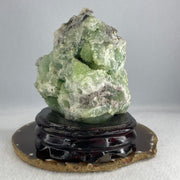 Natural Green Fluorite Rough Irregular Shape Display with Wooden Stand 1.017,9g 107.0 by 86.0 by 135.0mm - Huangs Jadeite and Jewelry Pte Ltd
