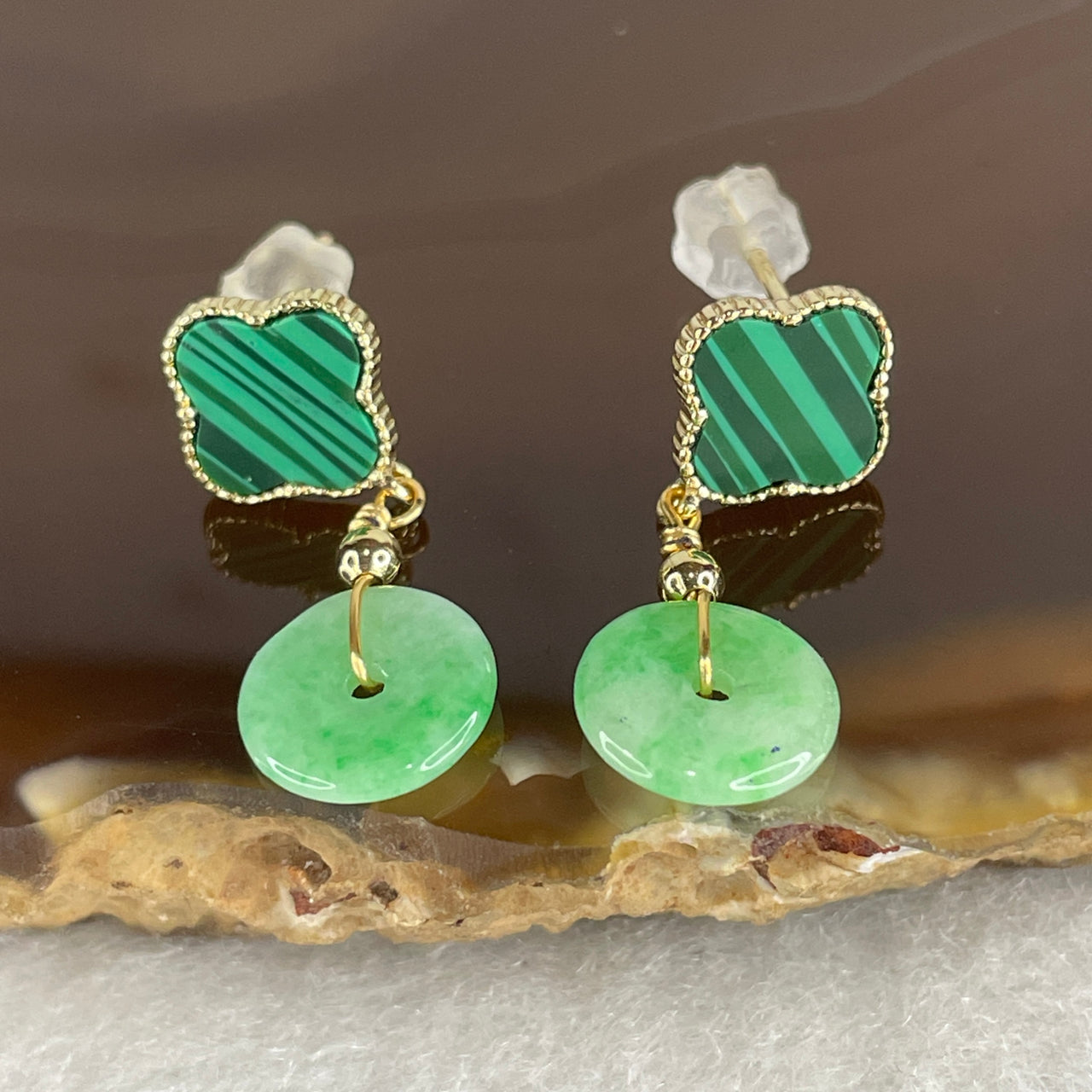 Natural Type A Apple Green Jadeite & Malachite Earrings | Gold Color Four Leaf Clover & Ping An Kou Donut Drops (1.70g)