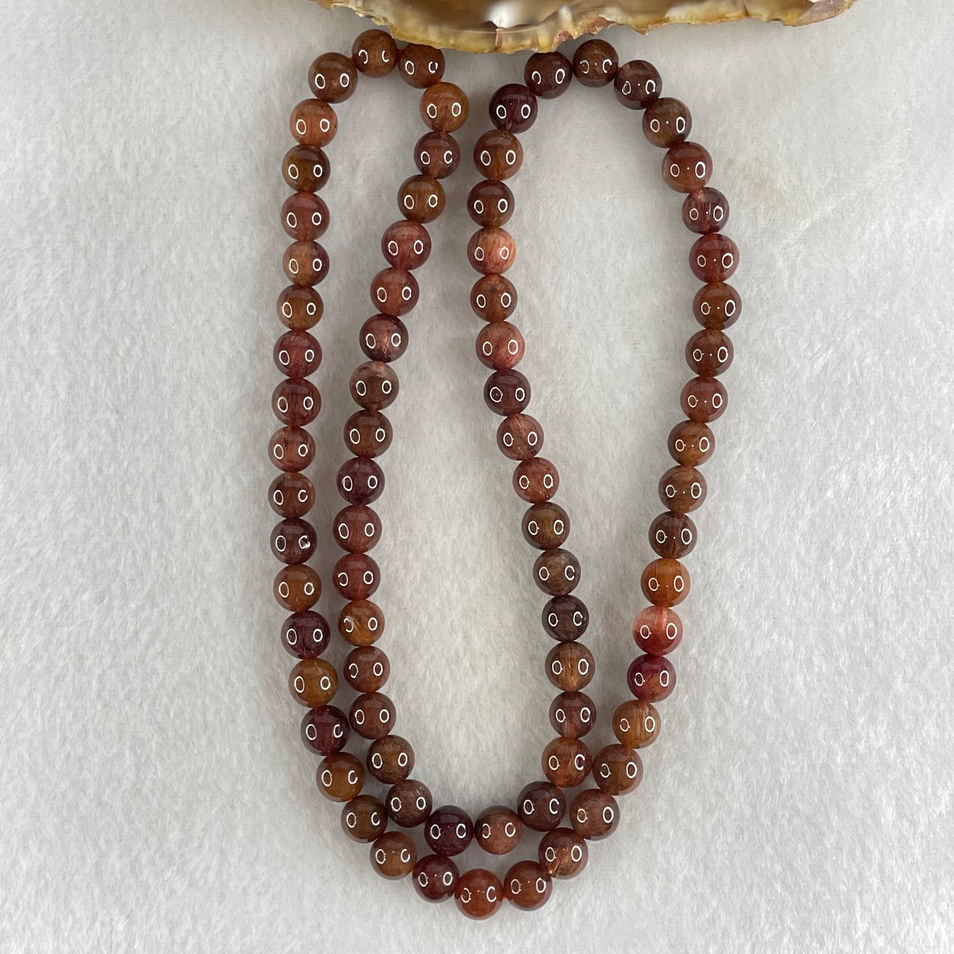 Above Average Grade Natural Copper Rutilated Quartz Beads Elastic Necklace 37.85g 40cm 7.4mm 77 Beads - Huangs Jadeite and Jewelry Pte Ltd