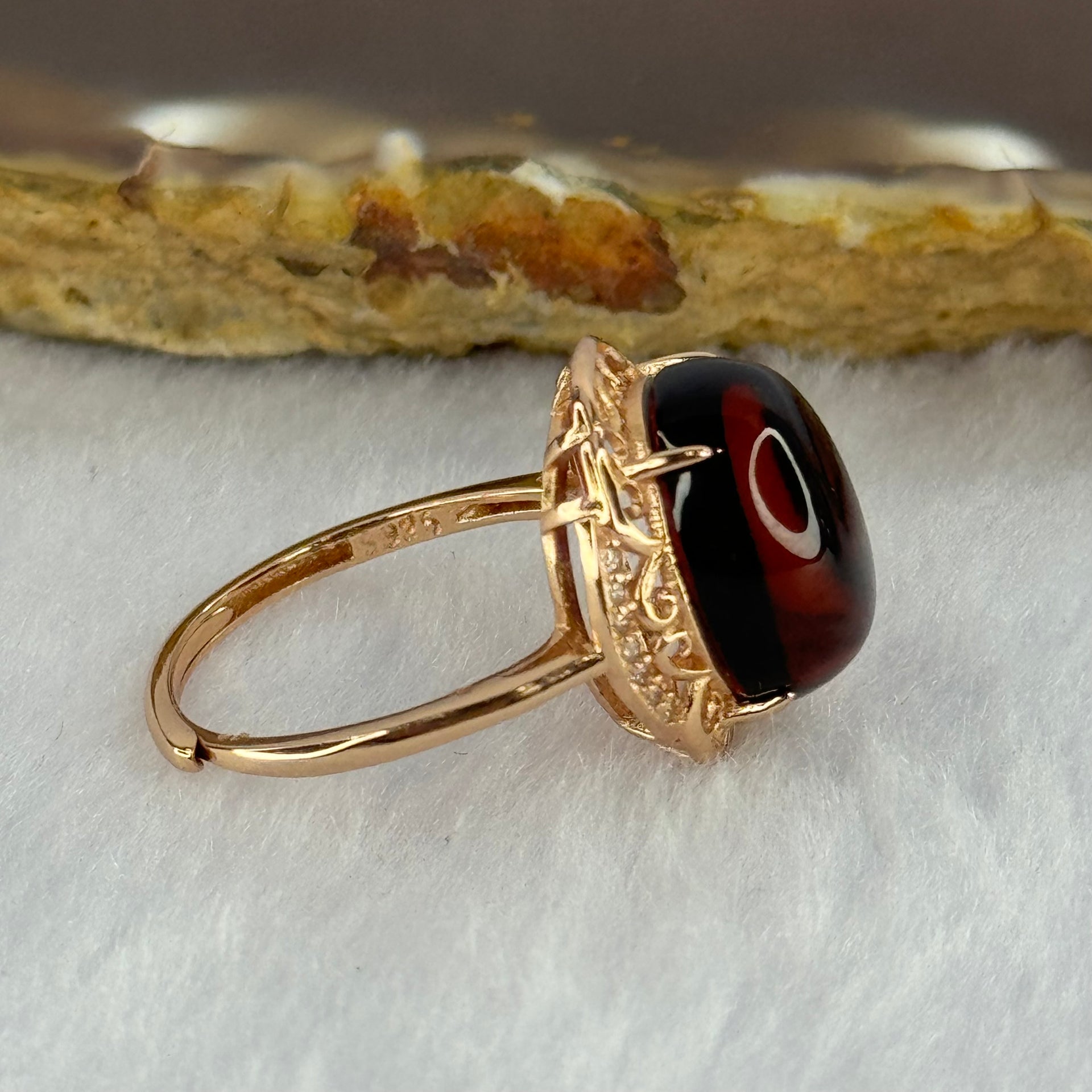 Natural Red Blood Amber in S925 Sliver Rose Gold Color Ring (Adjustable Size) 2.39g 12.8 by 11.4 by 6.5mm - Huangs Jadeite and Jewelry Pte Ltd