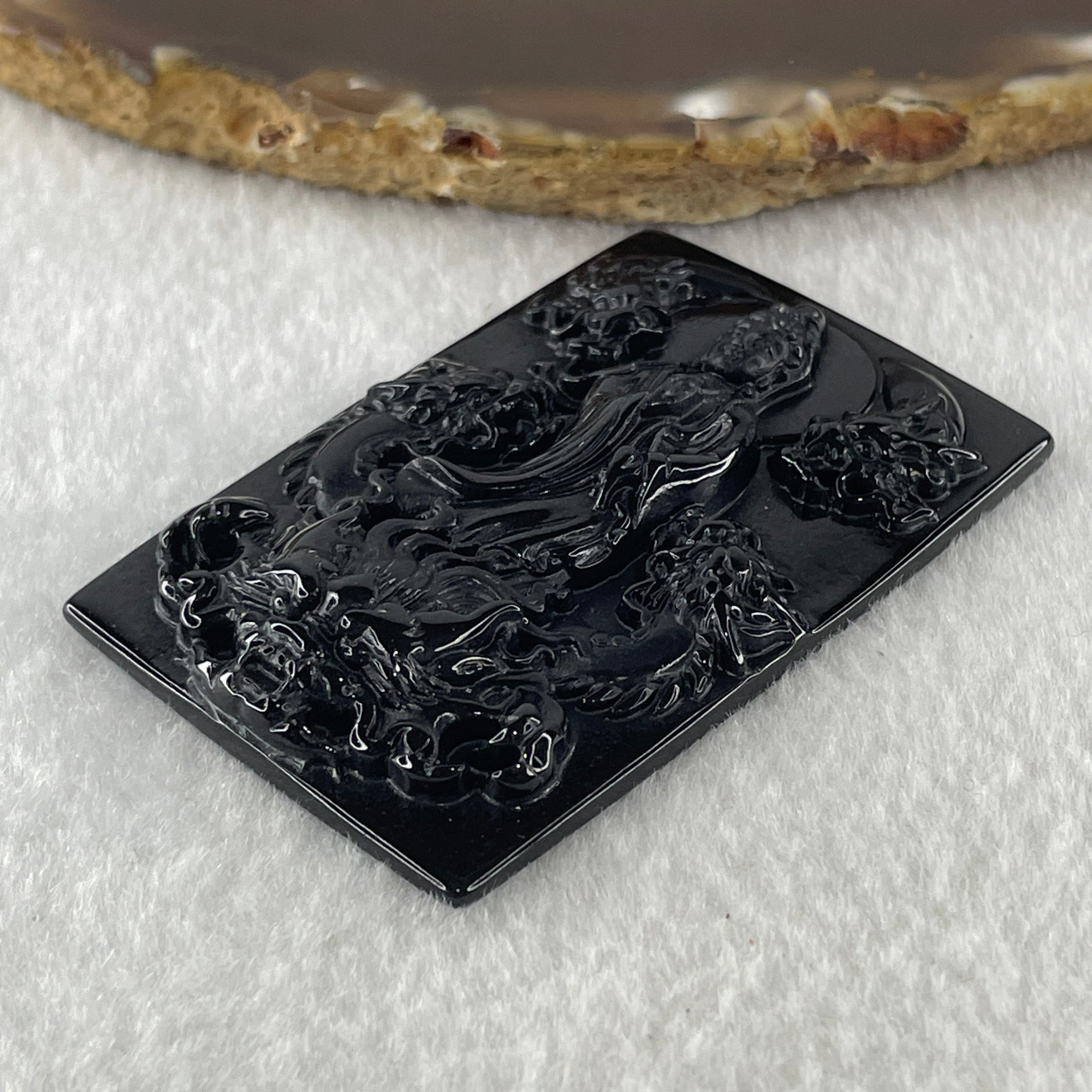 Type A Opaque to Partial Translucent Black Omphacite Jadeite Guan Yin with 5 Dragons Pendant 24.09g 60.5 by 39.6 by 7.8mm - Huangs Jadeite and Jewelry Pte Ltd