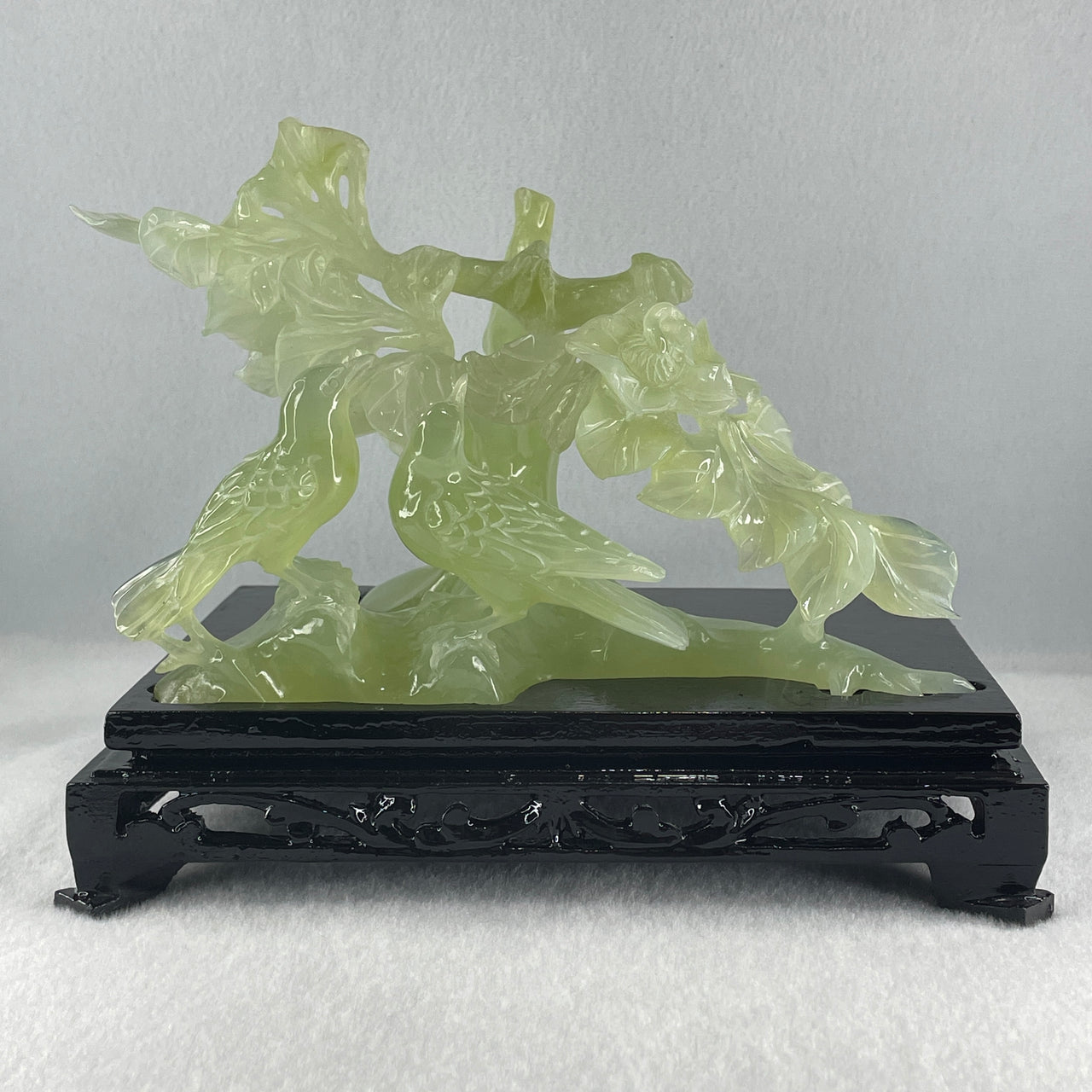 Natural Green Serpentine Twin Magpie Birds on Tree with Wooden Stand Display 792.2g L203.0 by B146.0 by H170.0 mm