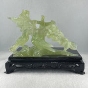 Natural Green Serpentine Twin Magpie Birds on Tree with Wooden Stand Display 792.2g L203.0 by B146.0 by H170.0 mm - Huangs Jadeite and Jewelry Pte Ltd