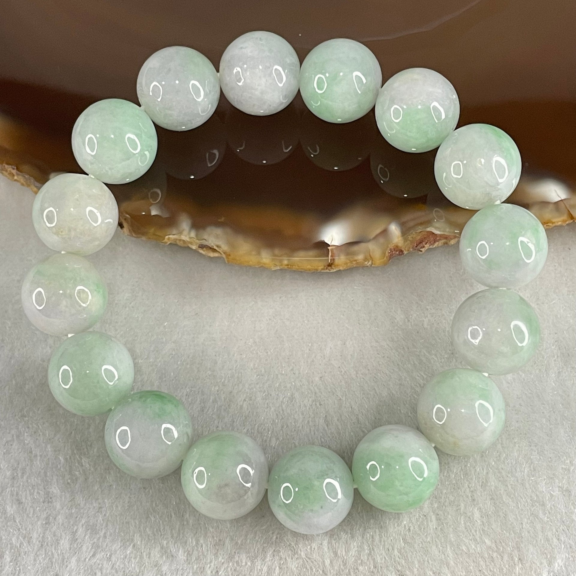Type A Light Green with Slight Light Lavender Jadeite Beads Bracelet 48.29g 15cm 12.2mm 16 Beads - Huangs Jadeite and Jewelry Pte Ltd
