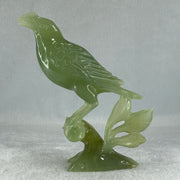 Natural Green Serpentine Javan Mynah Birds on Tree with Wooden Stand Display 418.9g 120.0 by 176.0 by 75.0mm - Huangs Jadeite and Jewelry Pte Ltd