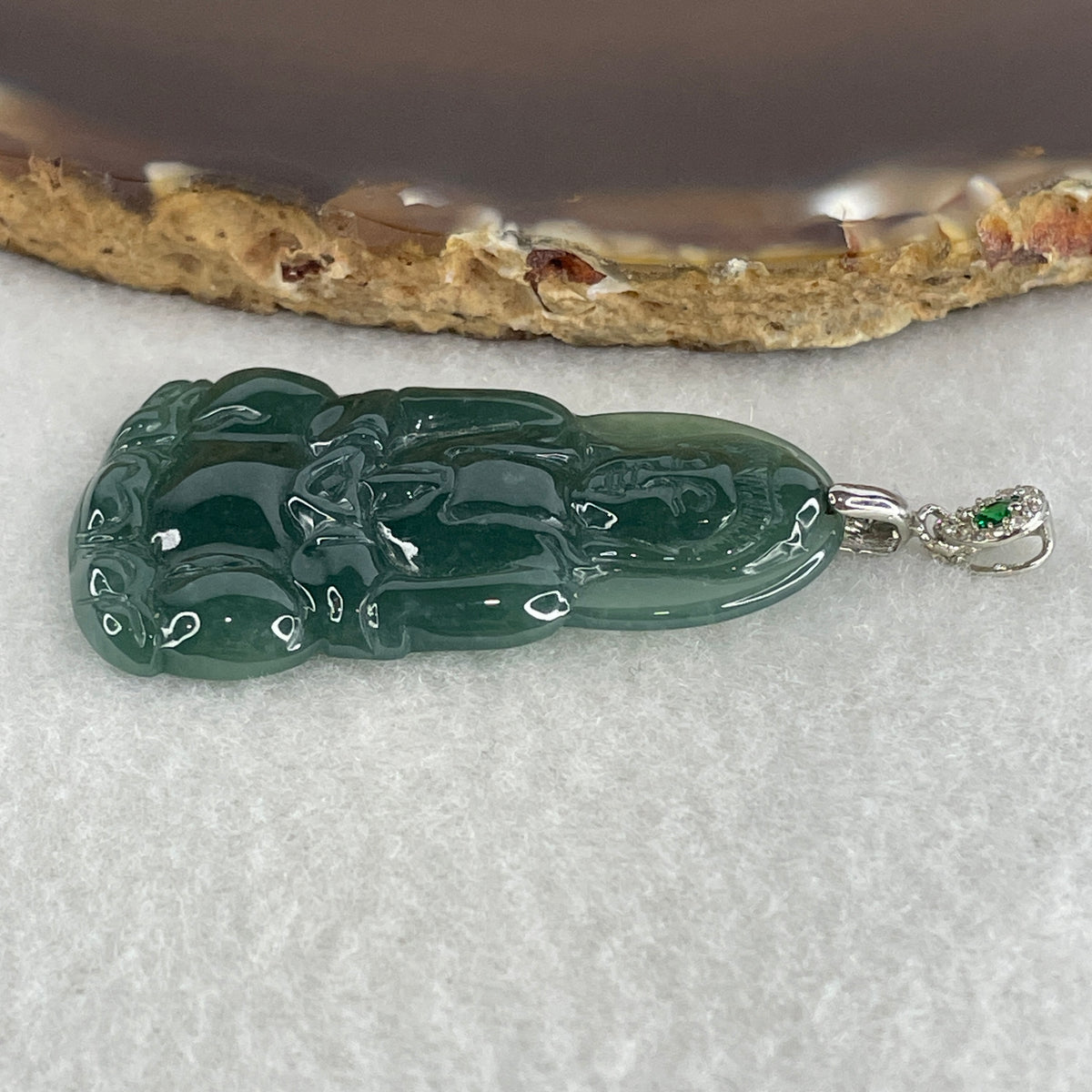 Natural Type A Icy Blueish Green Jadeite Amitabha Buddha Pendant in S925 Silver | (8.38g | 45.2 x 26.6 x 4.0mm | Infinite Light, Compassion & Lifelong Protection Anchor, Feng Shui Guardian & Executive Peace Pendant) - Huangs Jadeite and Jewelry Pte Ltd