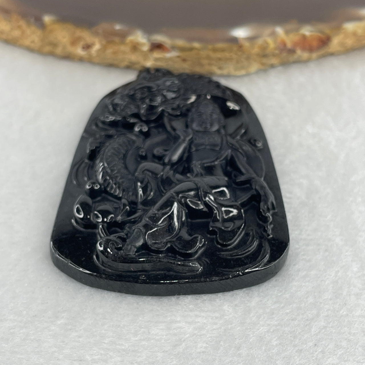 Protection, Peace and Compassion - Certified Natural Type A Black Omphacite Jadeite Seated Guan Yin with Dragon Pendant 25.48g 61.8 by 41.5 by 8.6mm