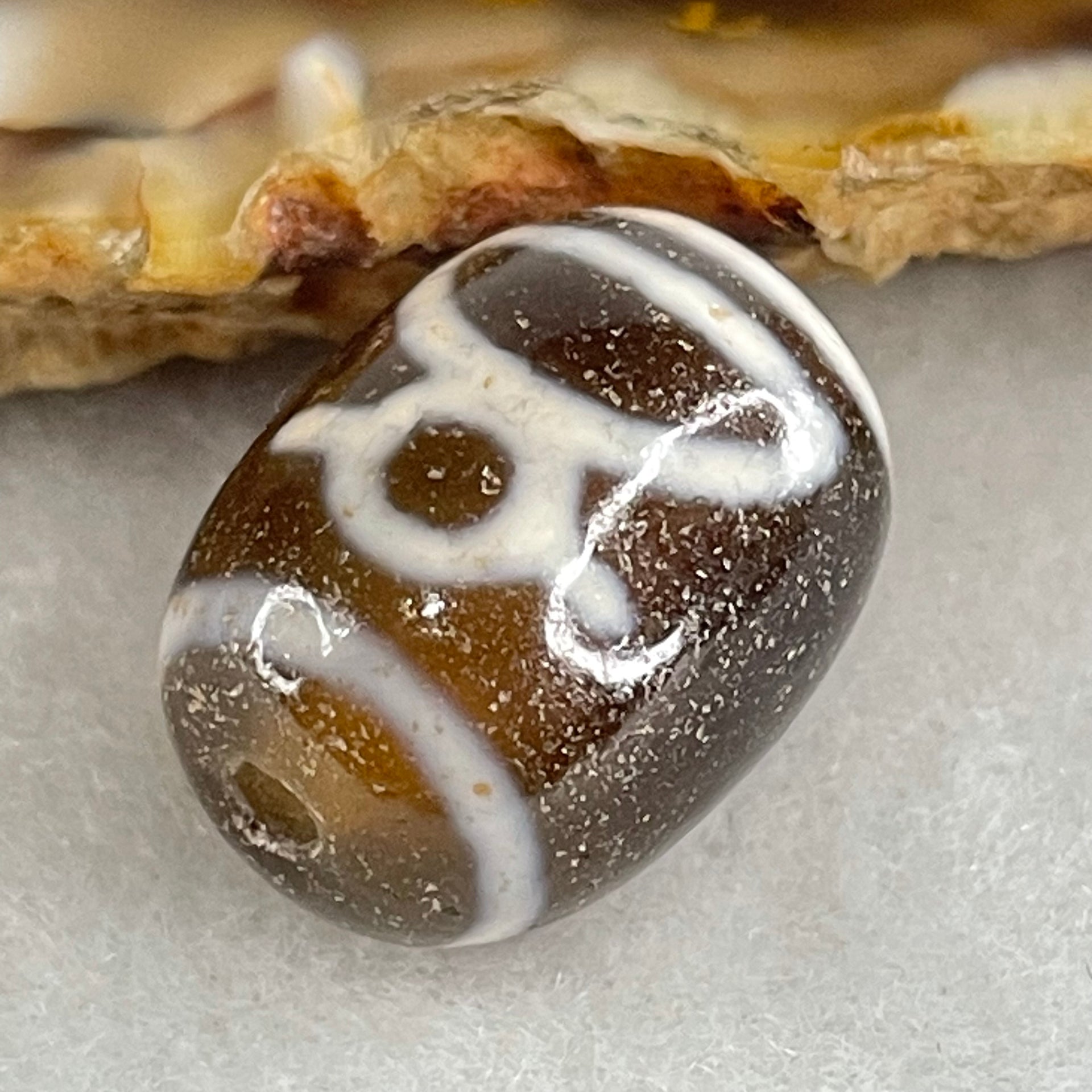 Natural Powerful Tibetan Old Oily Double Agate Cai Shen Dzi Bead Heavenly Master (Tian Zhu) 财神长天珠 4.62g 17.5 by 13.1mm - Huangs Jadeite and Jewelry Pte Ltd