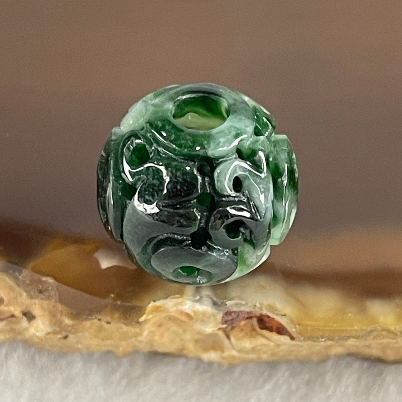 Natural Type A Lao Keng Old Mine Green with Light Green Jadeite Flora Carving Bead Charm 1.91g 12.5mm - Huangs Jadeite and Jewelry Pte Ltd