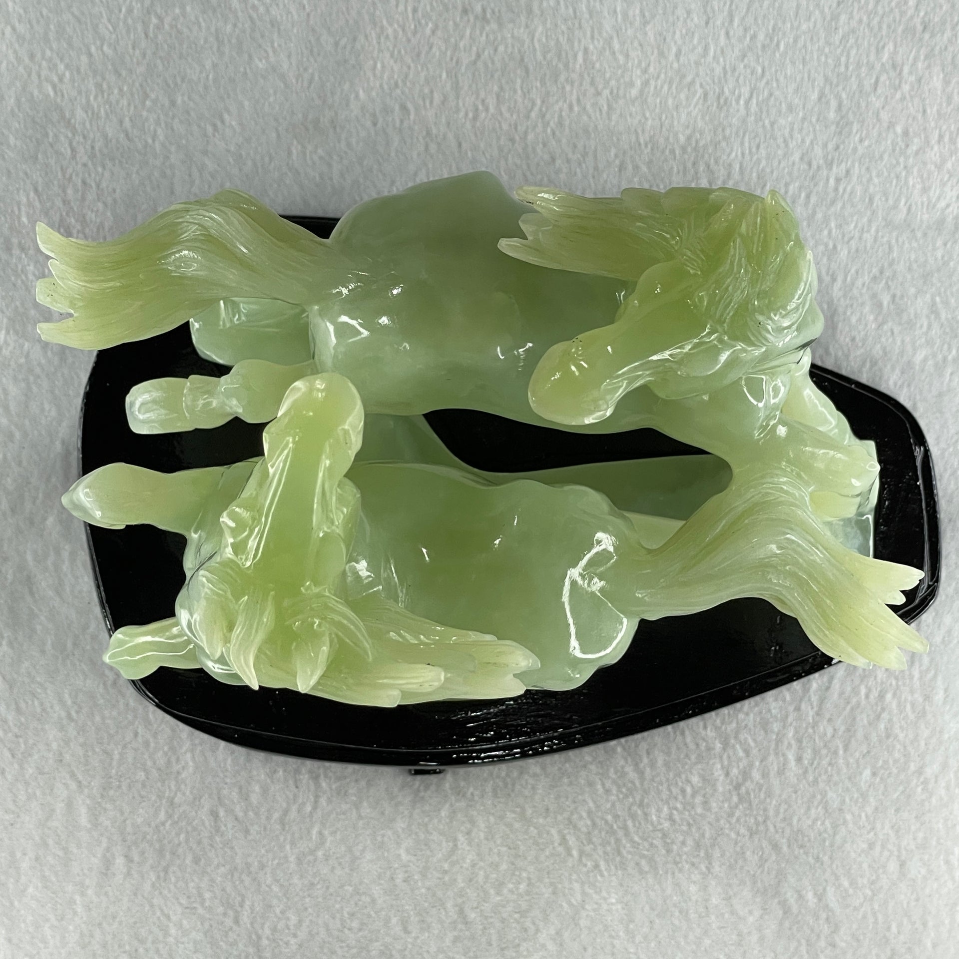 Natural Green Serpentine Double Victory Horses with Wooden Stand Display 1,339.7g 198.0 by 193.0 by 120.0mm - Huangs Jadeite and Jewelry Pte Ltd
