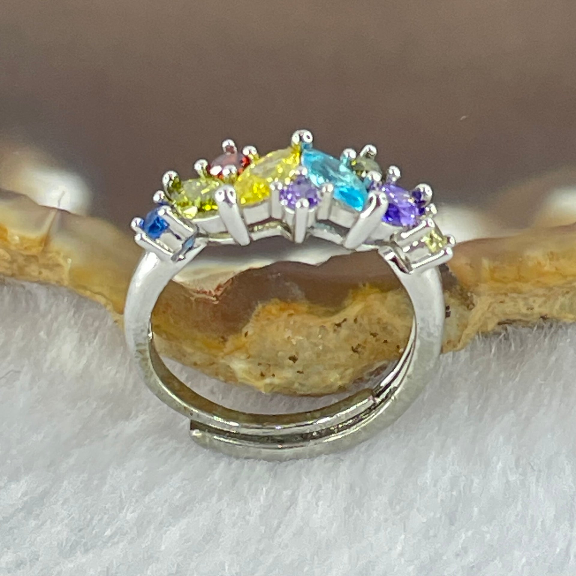 Multi Color Cubic Zirconia in Sliver Ring (Adjustable Size) 2.61g 6.4 by 4.5 by 2.2mm - Huangs Jadeite and Jewelry Pte Ltd