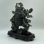 Natural Dark Green Nephrite Cricket Pair on Grapes Plant with Wooden Display 2,429.6g 241.0 by 100.0 by 260.0mm - Huangs Jadeite and Jewelry Pte Ltd