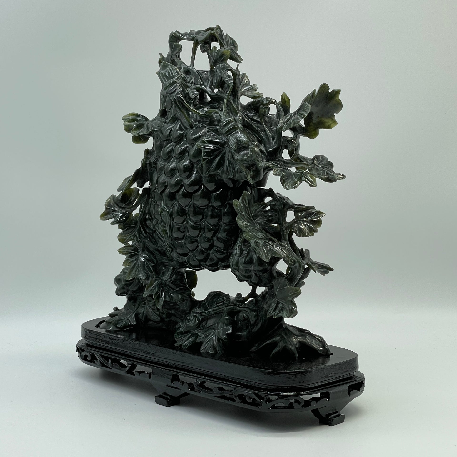 Natural Dark Green Nephrite Cricket Pair on Grapes Plant with Wooden Display 2,429.6g 241.0 by 100.0 by 260.0mm - Huangs Jadeite and Jewelry Pte Ltd