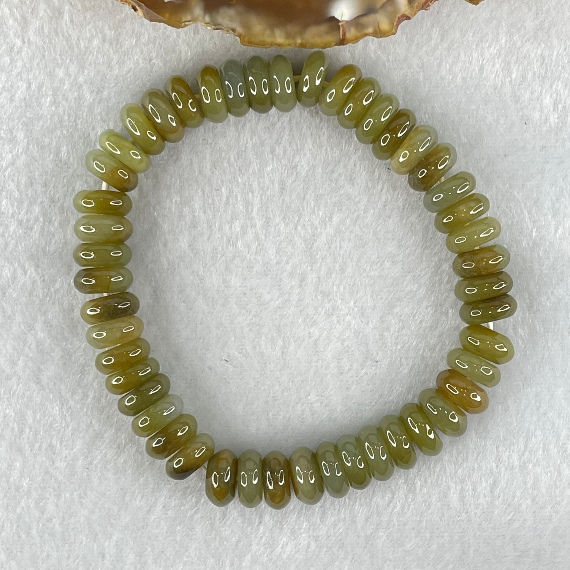 Type A Brown with Blueish Green Jadeite Ping An Kou Donut Beads Bracelet 33.05g 16cm 9.3mm 47pcs - Huangs Jadeite and Jewelry Pte Ltd