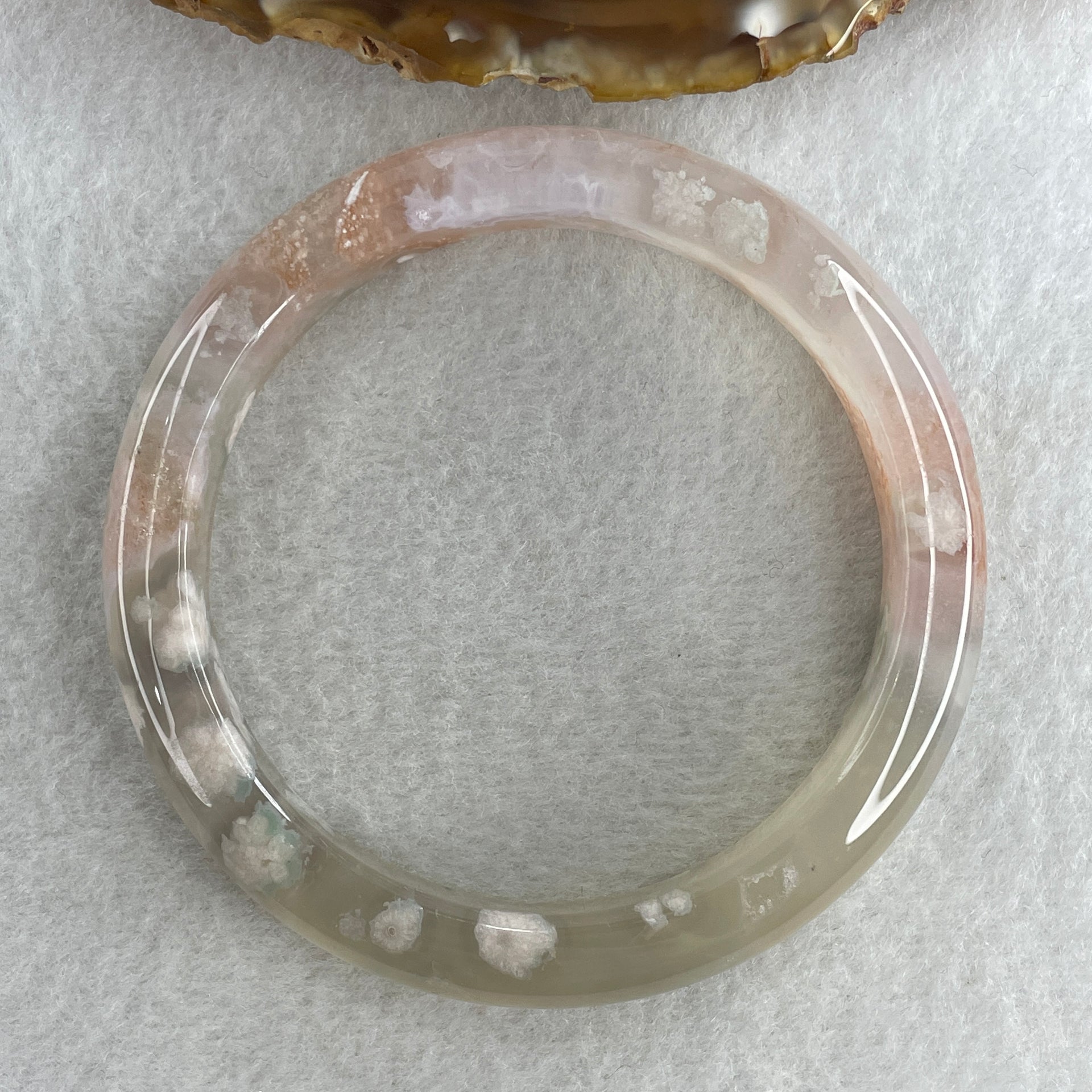 Natural Pinkish with White Flower Agate Bangle 43.81g Internal Diameter 60.5mm 11.3 by 8.8mm (Perfect) - Huangs Jadeite and Jewelry Pte Ltd