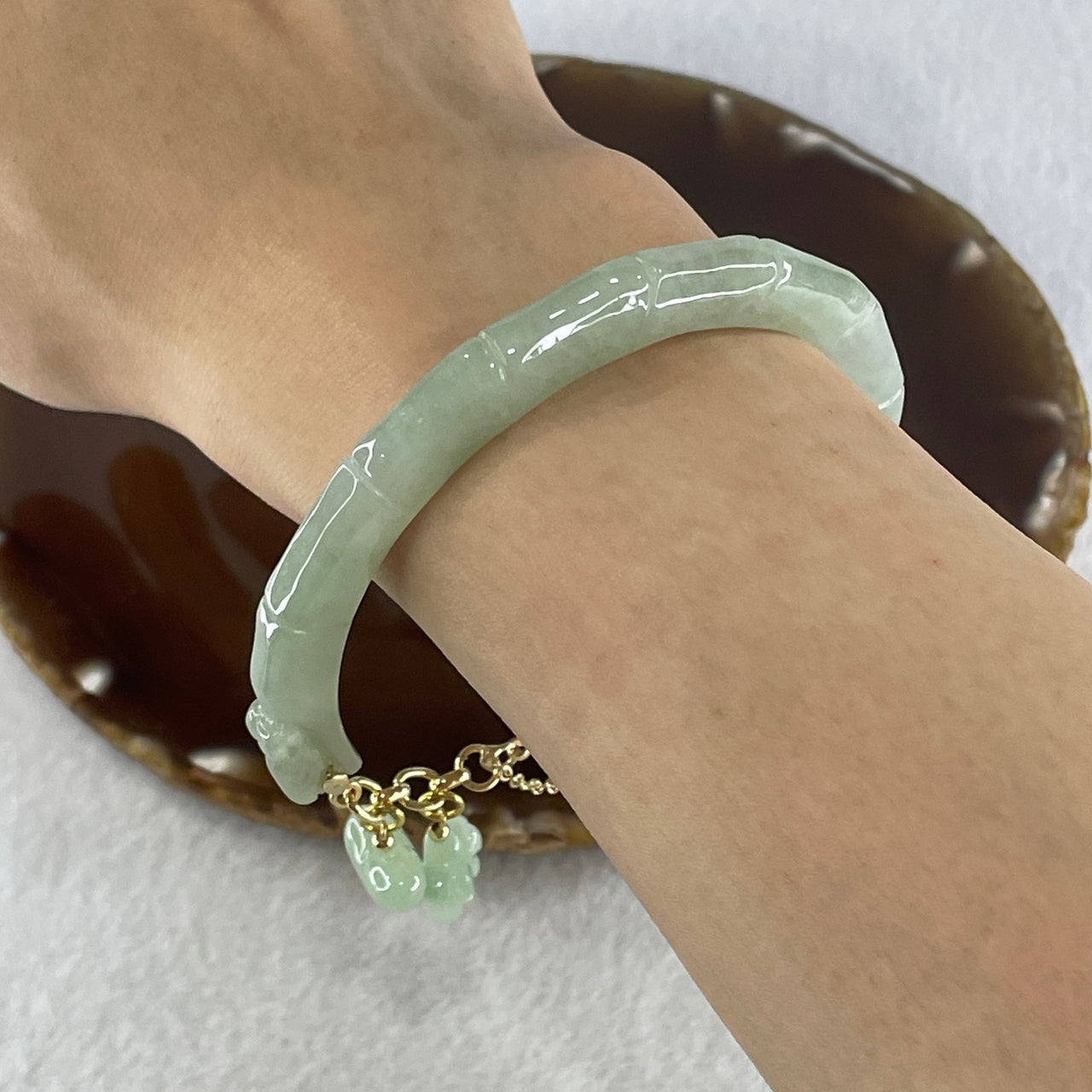 Natural Type A Jelly Light Green with Yellowish Spot Jadeite Bamboo with Double Dragon Head Bracelet 25.94g 17cm 7.2 by 8.2mm - Huangs Jadeite and Jewelry Pte Ltd