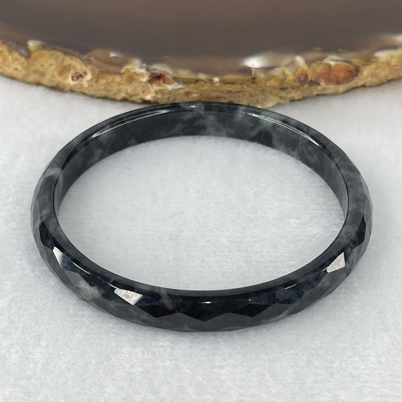Certified Natural Type A Wuji Grey Jadeite Baby Faceted Bangle | Ultra-Rare Geometric Multi-Faceted Artisan Cut | "Ink Landscape" Premium Protective Keepsake & Family Heirloom (13.12g 6.7x4.2mm | 47.5mm Inner Diameter)