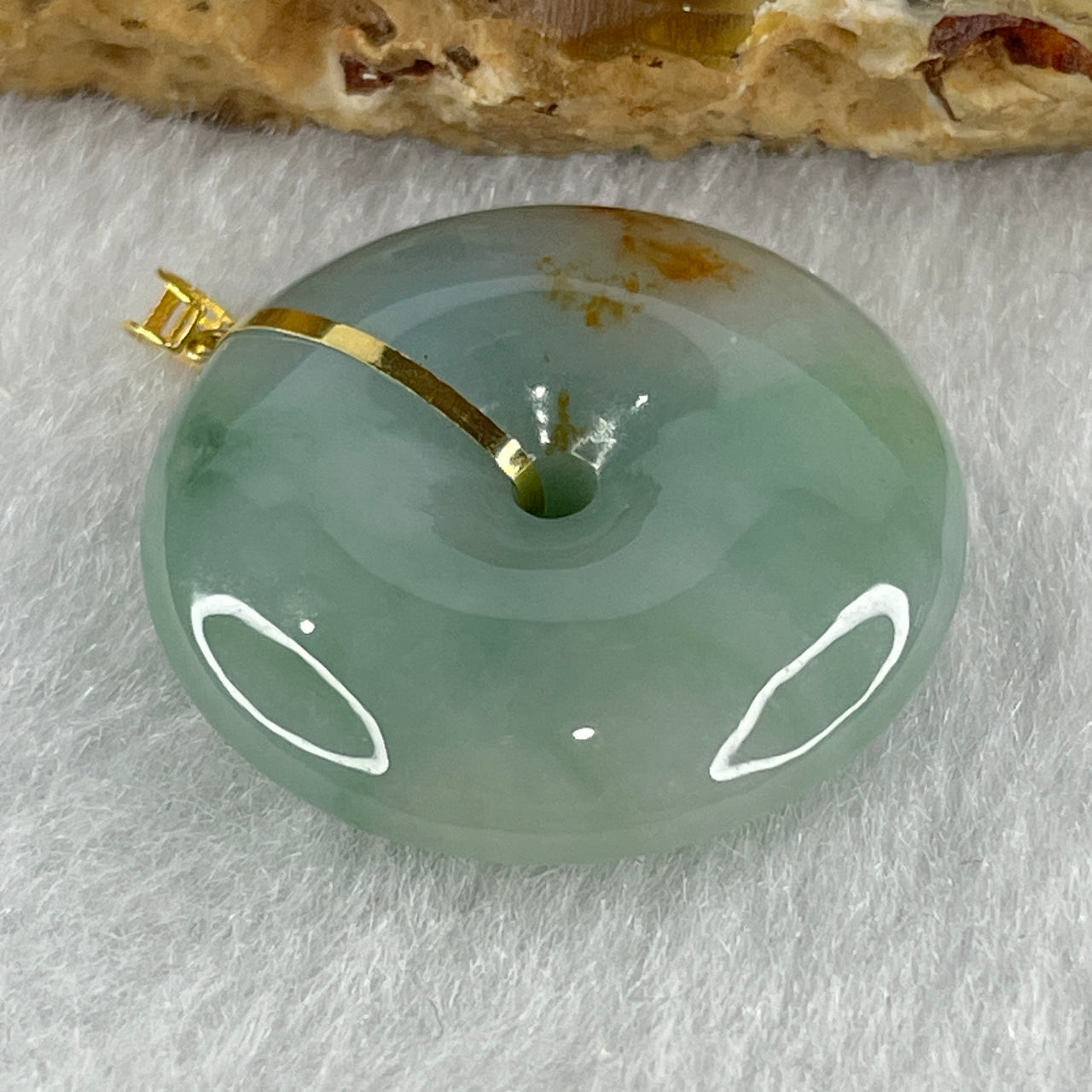 Natural Type A Green with Red Brown Jadeite Ping An Kou Donut Pendant in 18K Yellow Gold Setting Signifying Protection Blessings 5.64g 21.8 by 6.1mm